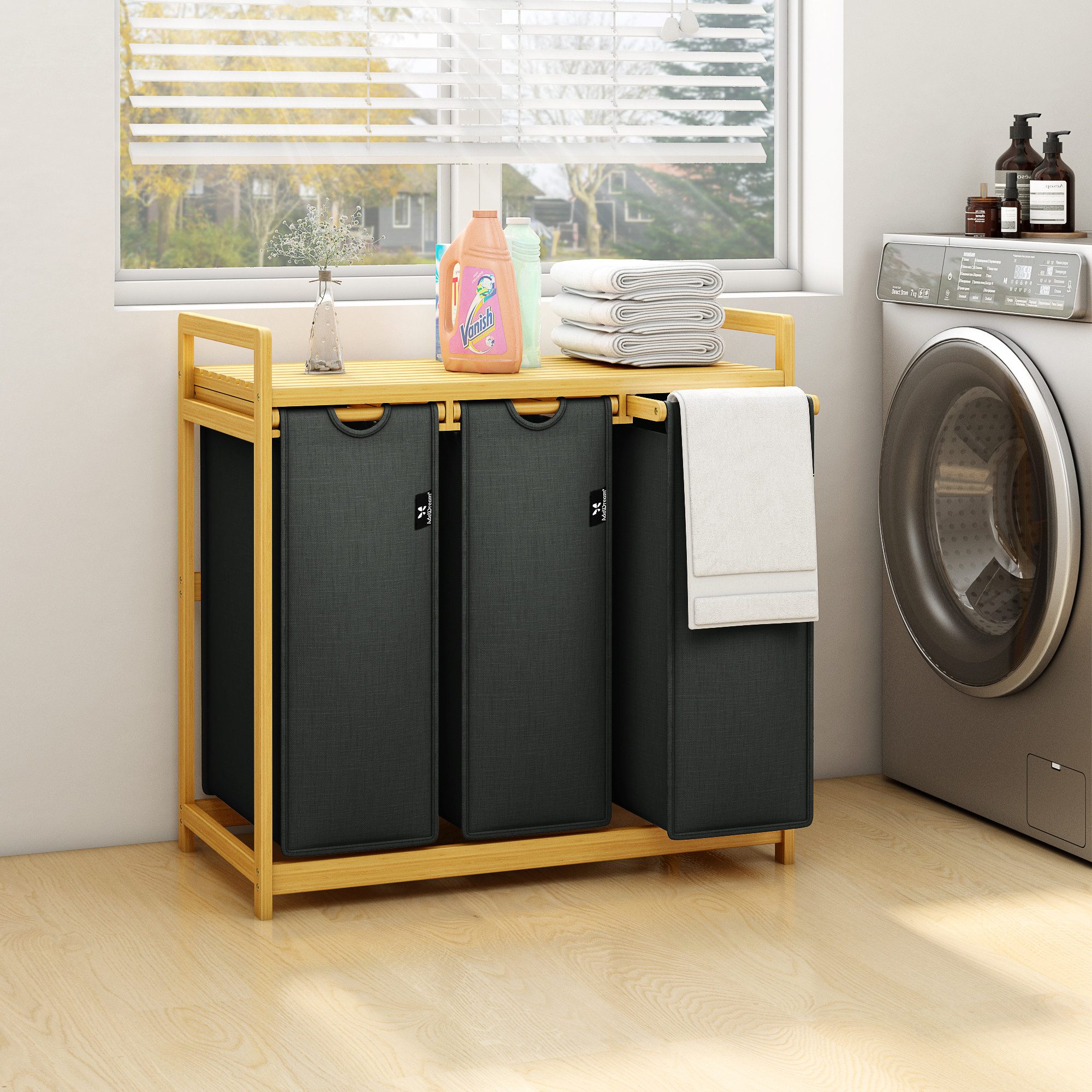 AdelDream Wäschekorb Wäschekörbe mit Bambusrahmen, 150 l, 3 Fächer günstig online kaufen