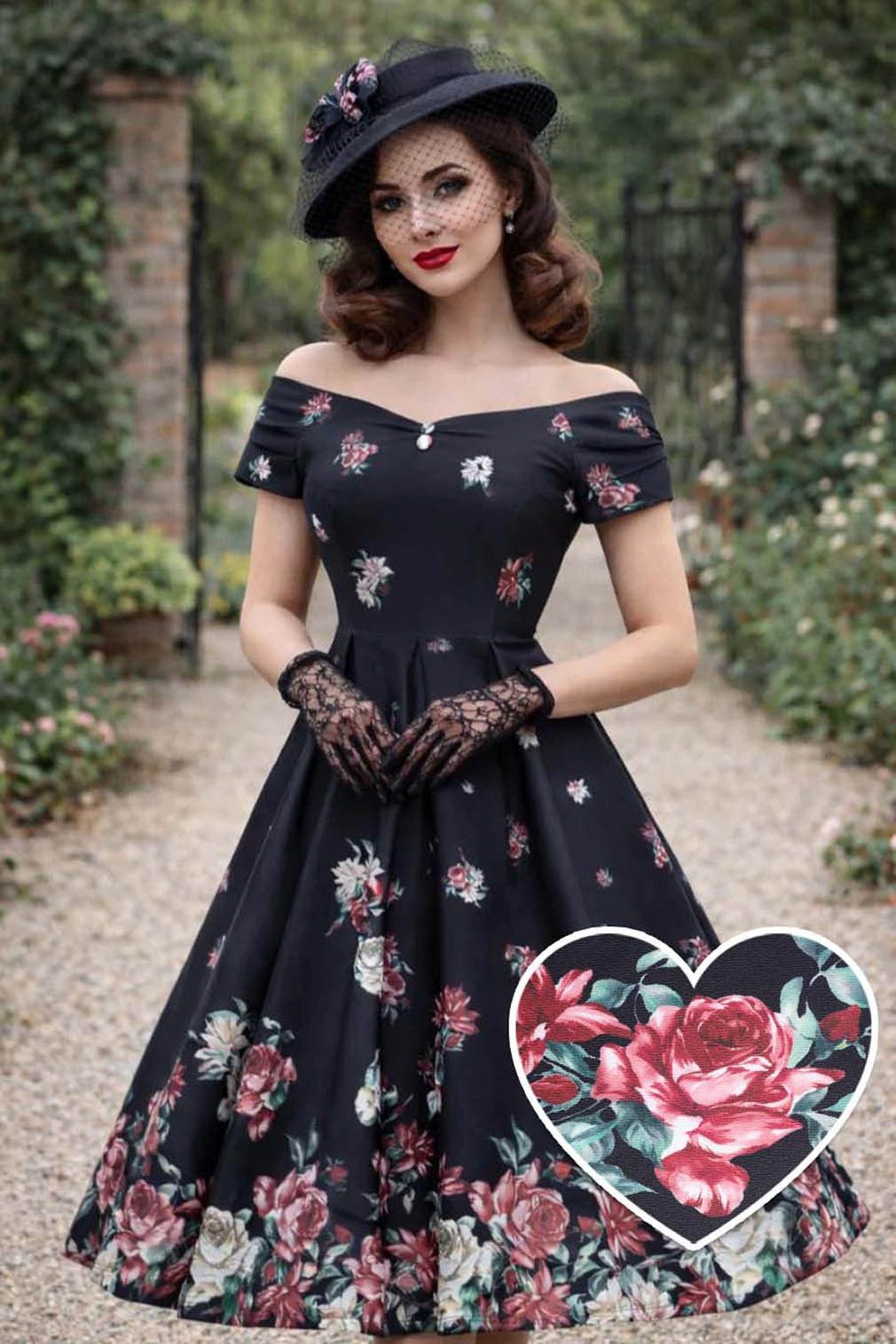 Dolly and Dotty A-Linien-Kleid Lily Black Falling Rose Off-Shoulder Vintage Retro