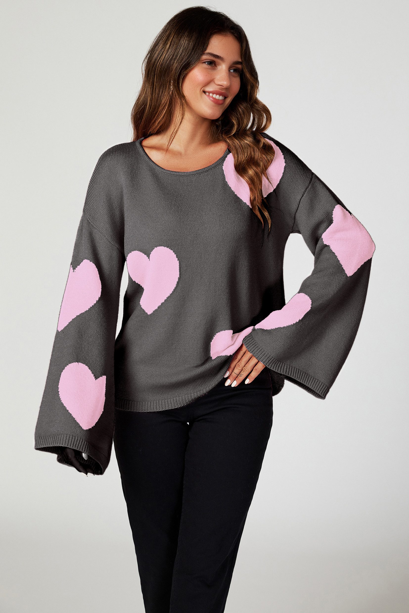FS Collection Strickpullover Oversize Pullover mit weiten Ärmeln und Herzmuster – Strickwaren (Einheitsgröße: UK 8–12 / EU 36–40, 3 Farben : Rosa - Hellgrau - Dunkelgrau) 100 % Acryl