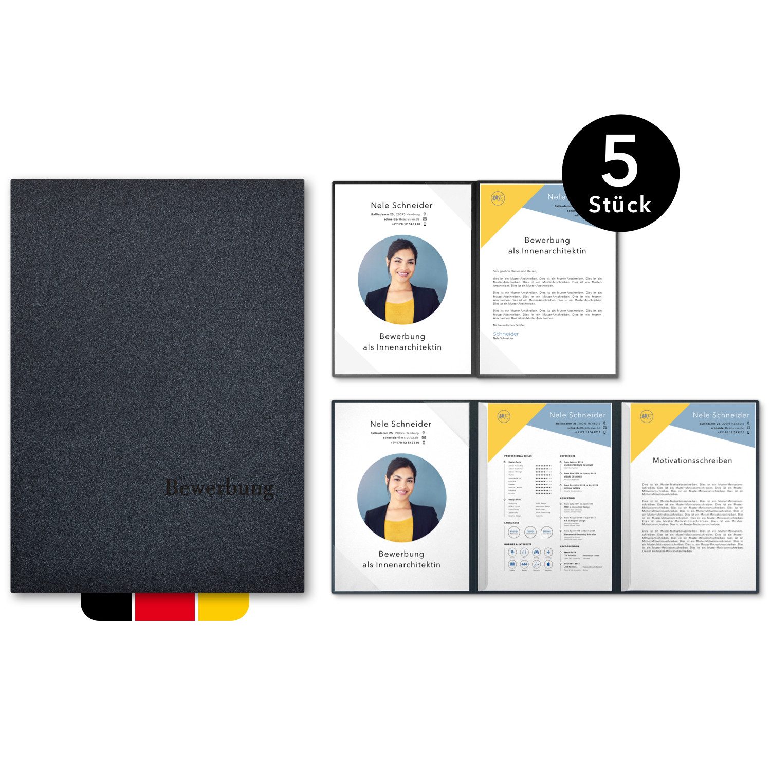 STRATAG Bewerbungsmappe Esclusiva® Exzellent-plus Metallic - 5 Stück 4-tlg mit 2 Klemmschienen (Set, 5-St., Premium-Qualität mit hochwertiger Prägung Bewerbung), direkt vom Hersteller STRATAG - handgefertigt in Deutschland