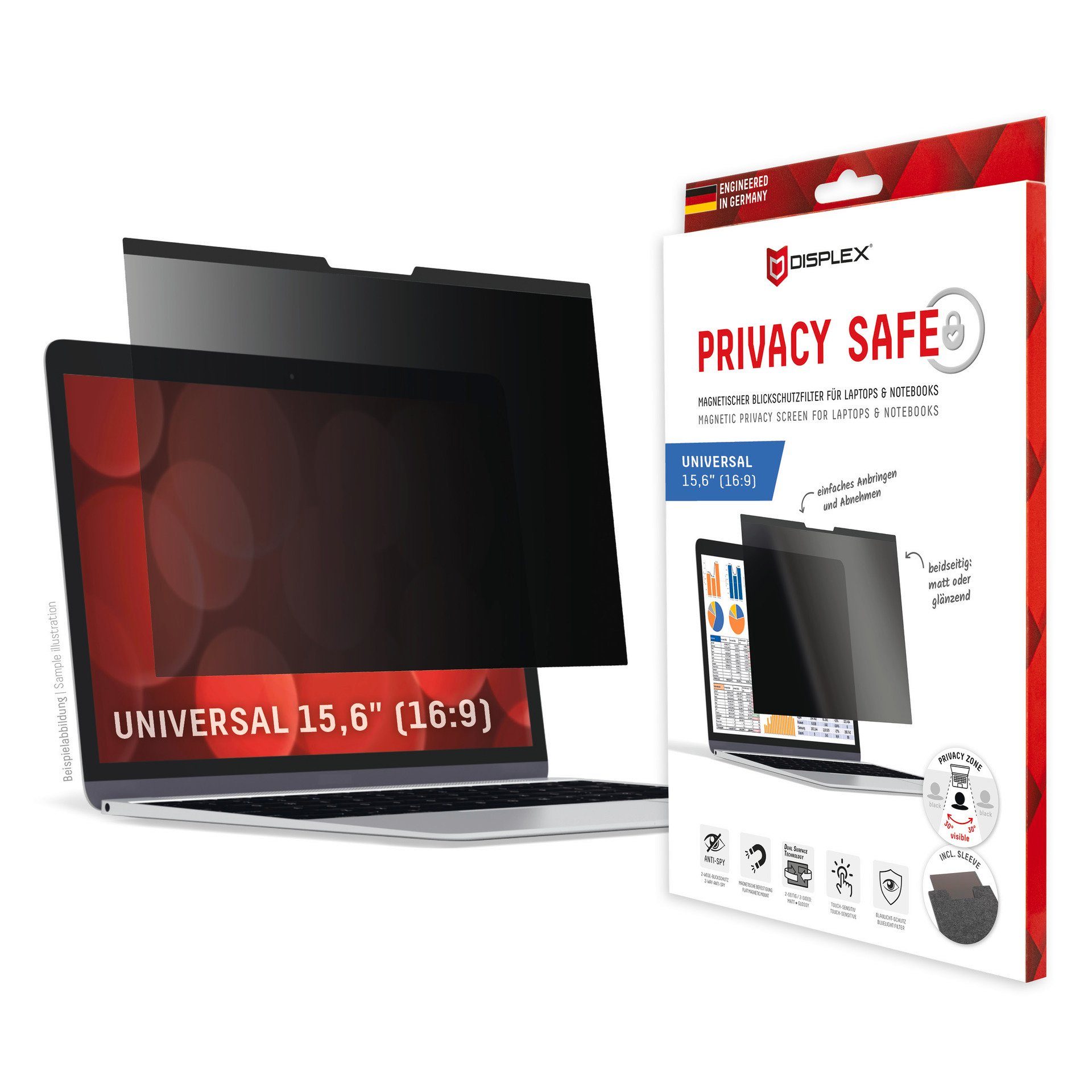 Displex Sichtschutzfolie Privacy Safe Universal 15,6 Zoll, 16:9