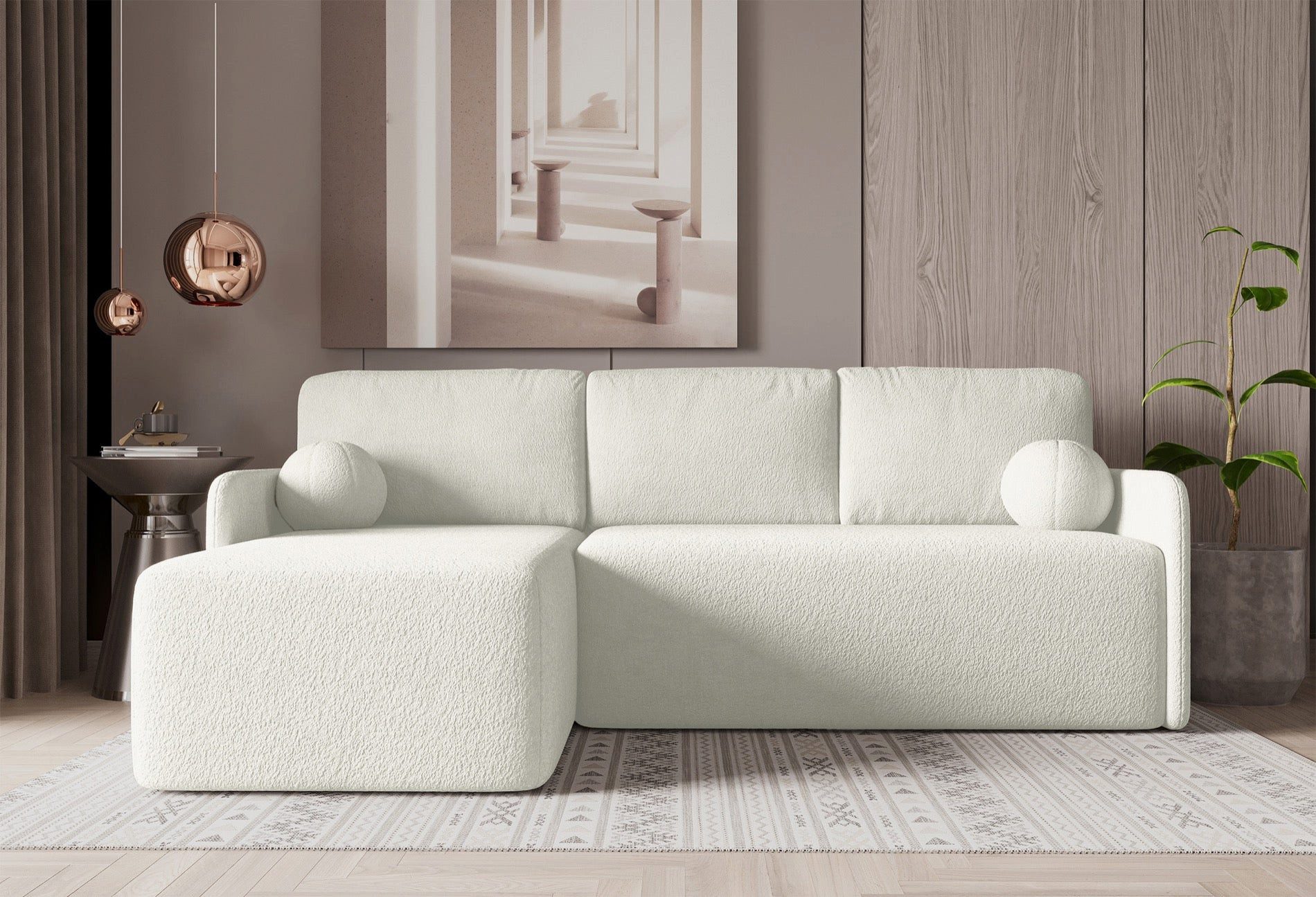 Selsey Ecksofa BLOOM, Ottomane beidseitig montierbar, Stauraum, Schlaffunktion, Bouclé-Stoff
