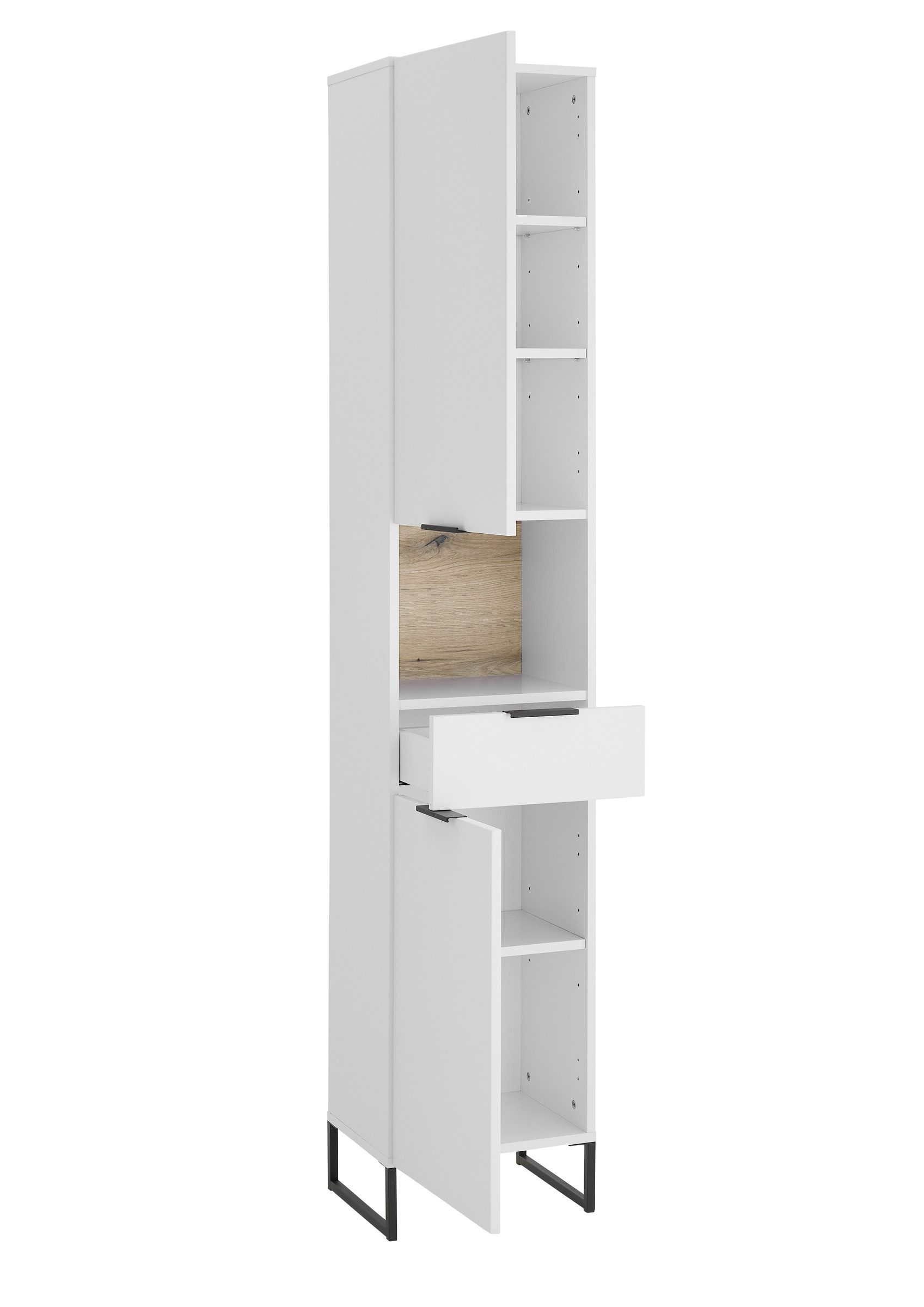 PREISBRECHER Hochschrank Denver 2 Türen, 1 Schublade, weiß / evoke eiche dekor - 38x195x32cm (BxHxT)