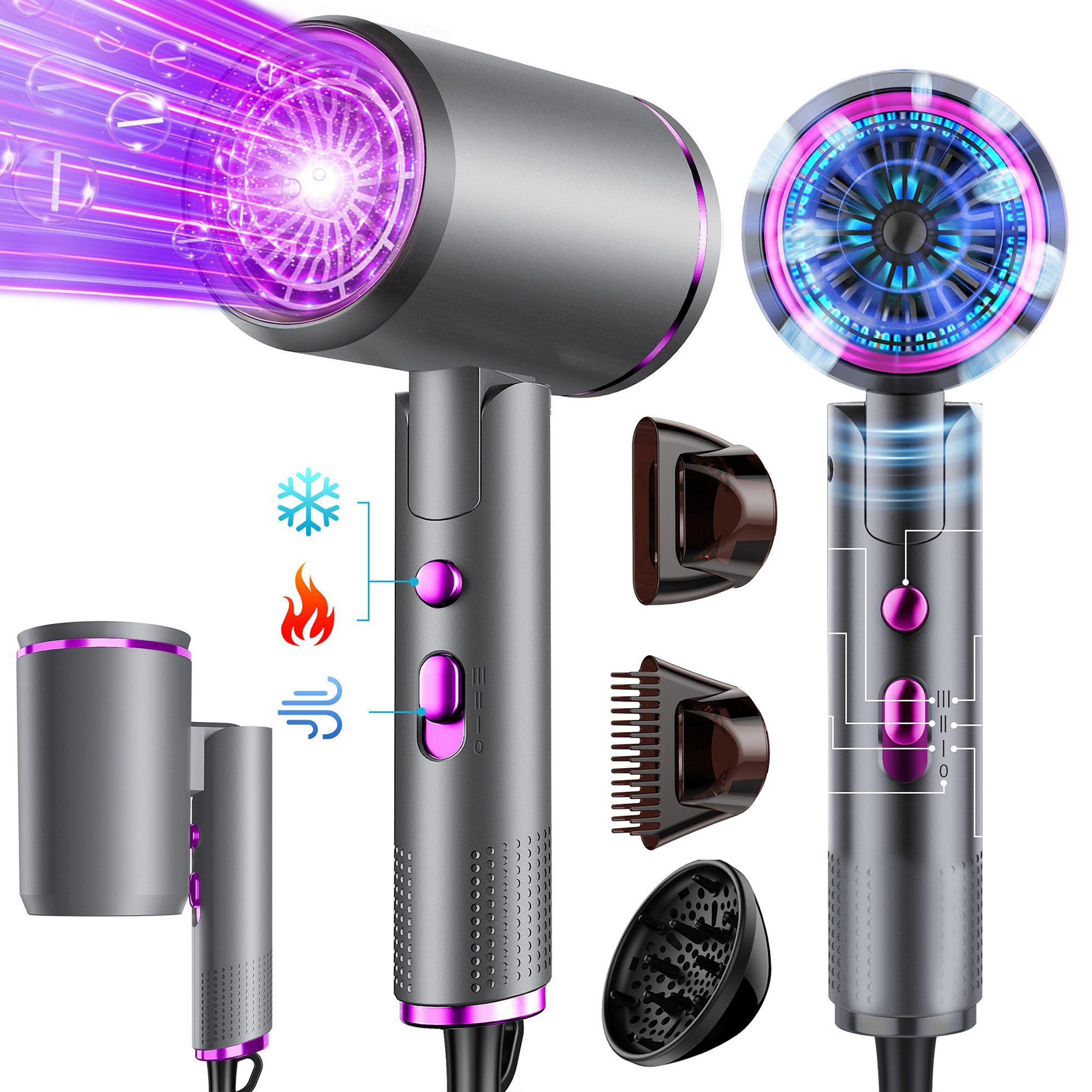 Luckice Haartrockner Haartrockner Föhn Ionen,klappbar,mit 3 Stylingdüse, 2400 W, Schnelltrocknen Hair Dryer Mit 6 Temperatureinstellungen, Reiseföhn Hairdryer Frisuren Zubehör Reisehaartrockner