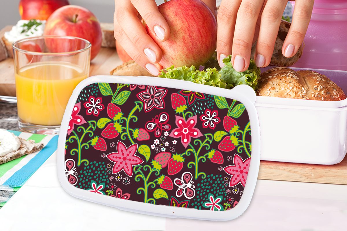 MuchoWow Lunchbox Mädchen - Obst Kunststoff, für - Muster Kinder - und Mädchen - Kind Jungs - Erwachsene, und (2-tlg), Kinder Brotbox Brotdose, für Kind, - Blumen weiß - Mädchen