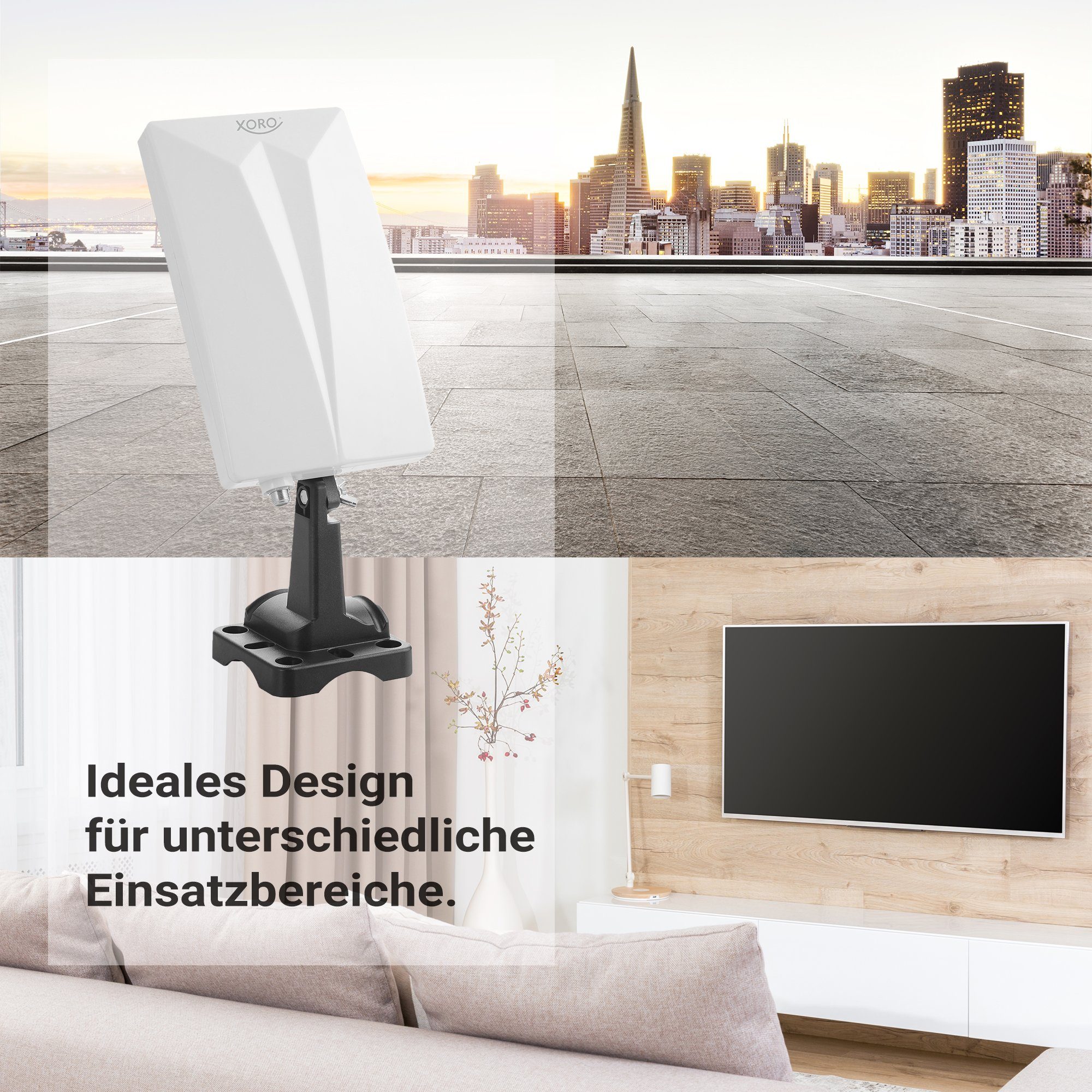 Xoro HAN 600 DVB-T2 Antenne mit Verstärker LTE Filter für Innen/Außen Innenantenne (DVB‑T2, FM, VHF, UHF, DAB, DAB+, für Innenbereich, Außenbereich, Verstärkung: 20 dB), Aktive DVB‑T2 Antenne mit LTE‑ und Rauschfilter, innen & außen nutzbar