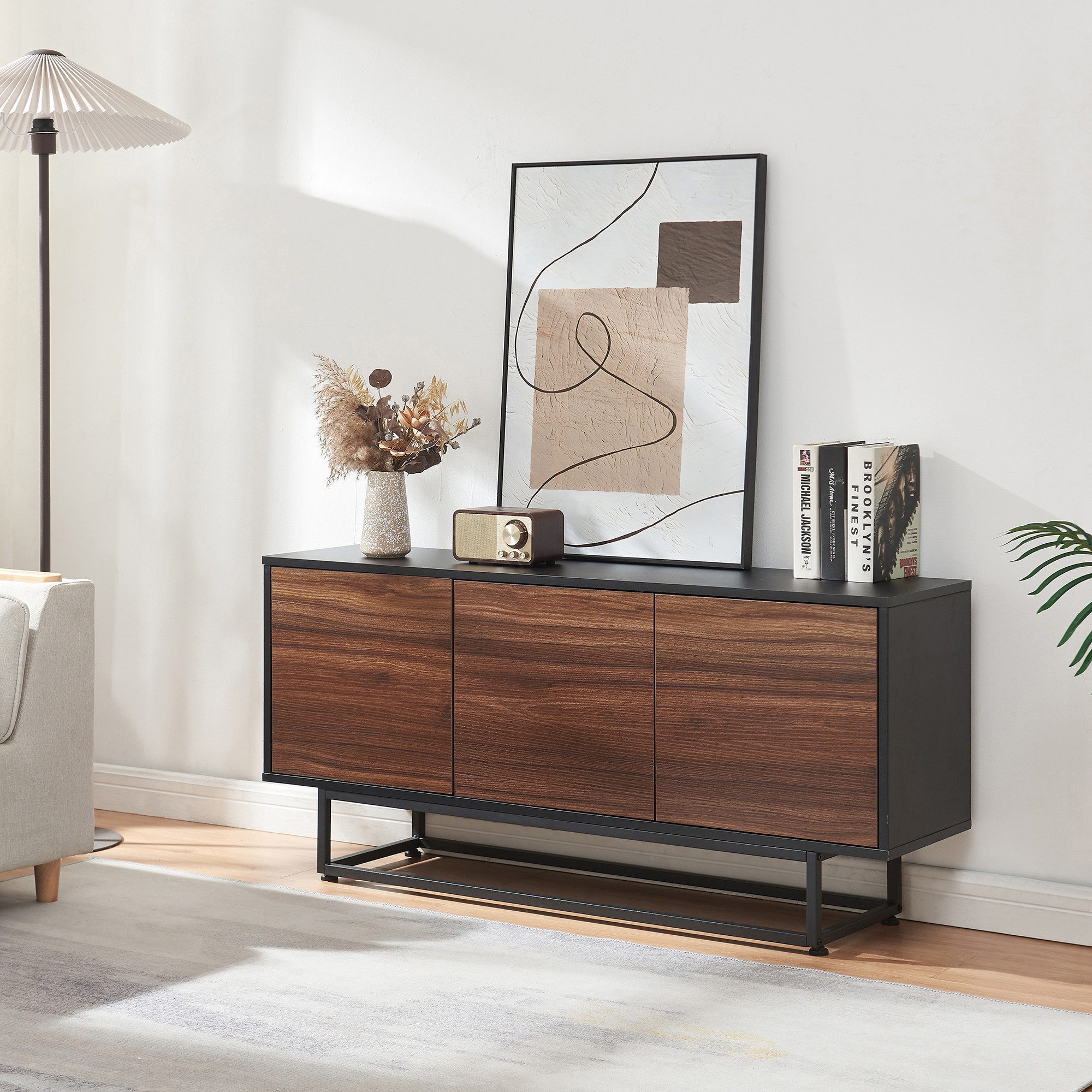 en.casa Sideboard, »Boxholm« mit 3 Türen 120 x 30 x 55 cm Schwarz/Walnussop günstig online kaufen