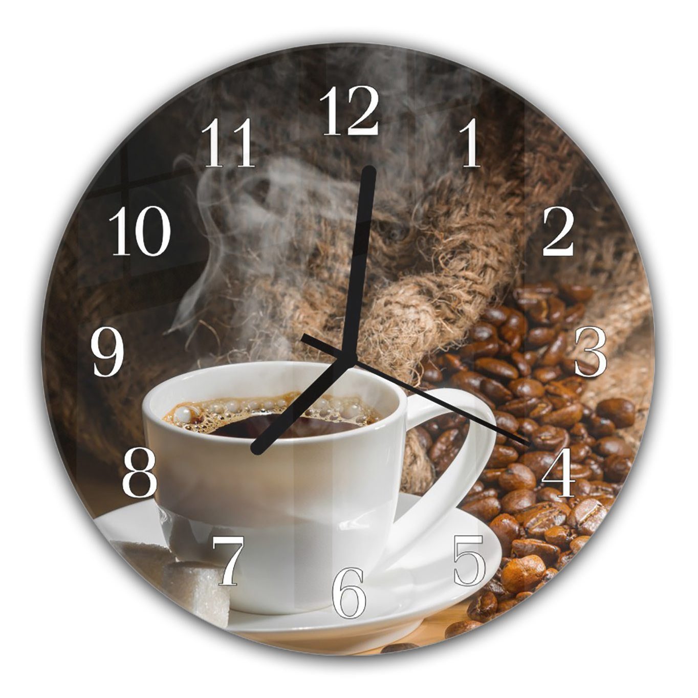 Wanduhr Motiv - Kaffee und Quarzuhrwerk Rund aus Durchmesser Heisser Primedeco mit 30 Wanduhr cm Glas mit