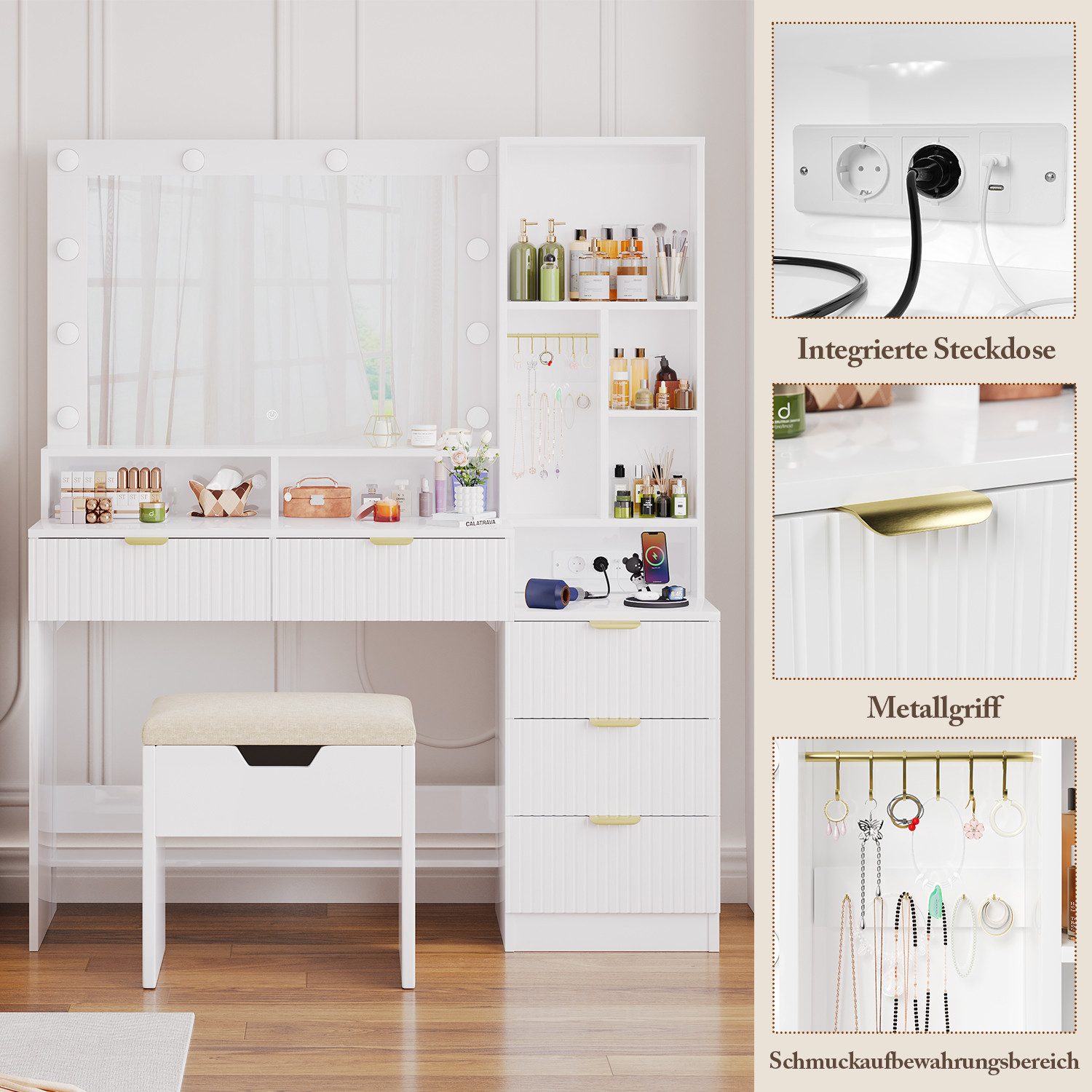 HOMALL Schminktisch Vertikale Streifen mit 5 Schubladen und 7 offenen Fächern (Mit 2 Euro-Steckdosen + 1 USB-Anschluss + 1 Typ-C-Anschluss)