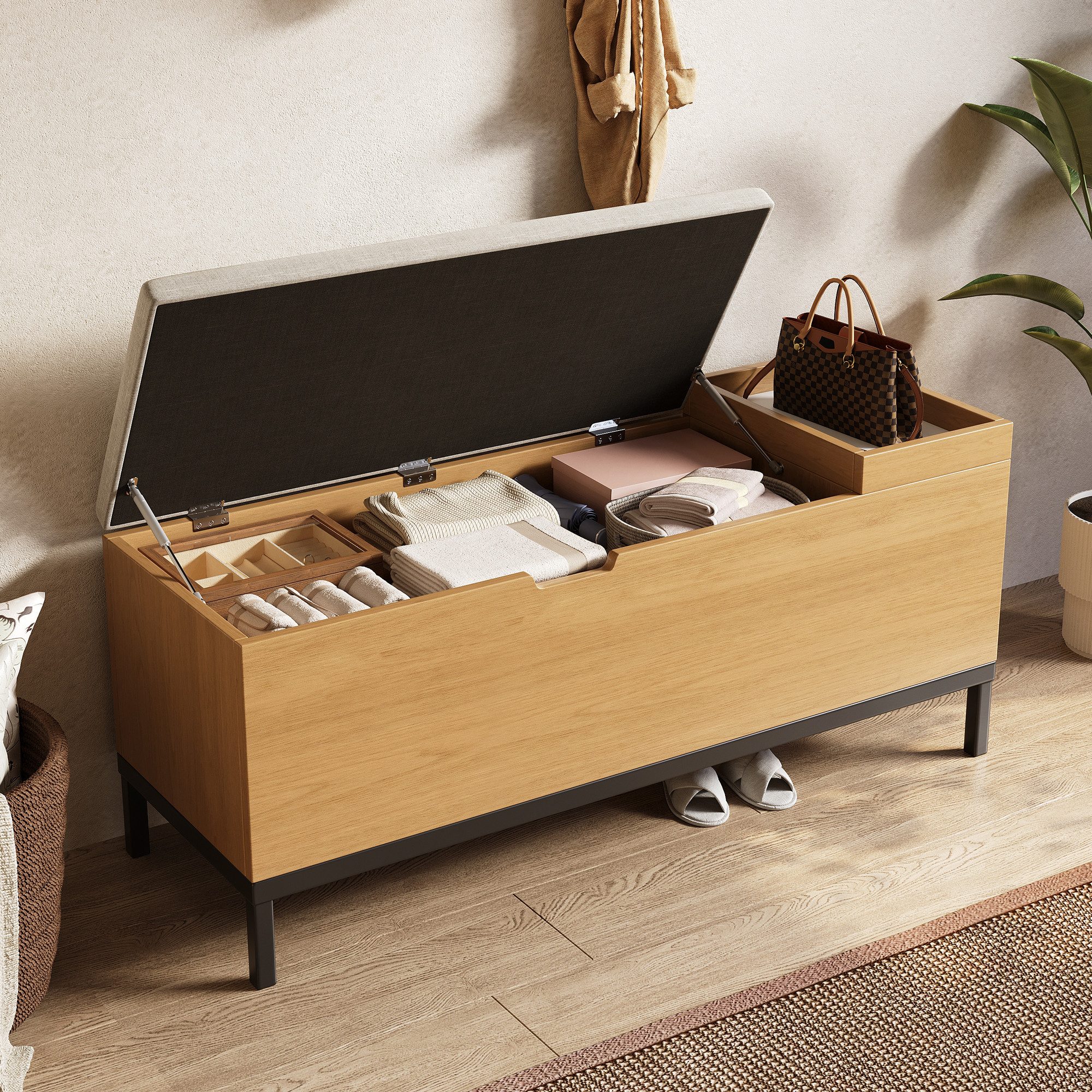 Flieks Polsterbank Sitzbank Bettbank mit aufklappbarer Aufbewahrungsbox (115×49,5×40 cm, 1-St., Sitzkissen aus Leinen), Sitzschrank mit Stauraum Schuhbank Holzoptik, Metallgestell