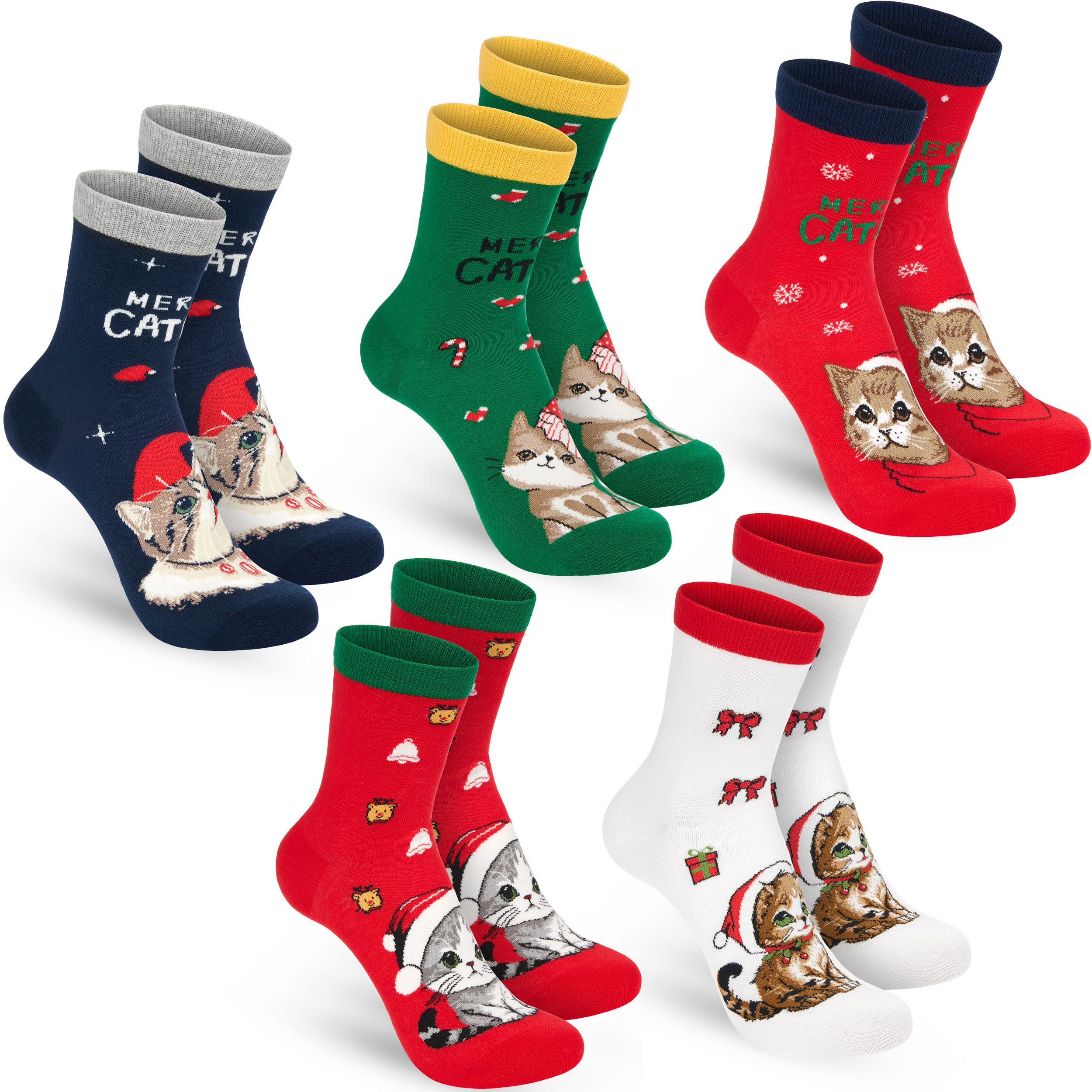 BRUBAKER Socken Damen und Herren Weihnachtssocken - Merry Catmas Unisexsocken (Bunte Baumwollsocken für Frauen und Männer - Geschenkset, 5-Paar, Damensocken mit humorvollen Katzenmotiven) Lustige Herrensocken für Weihnachten & Nikolaus