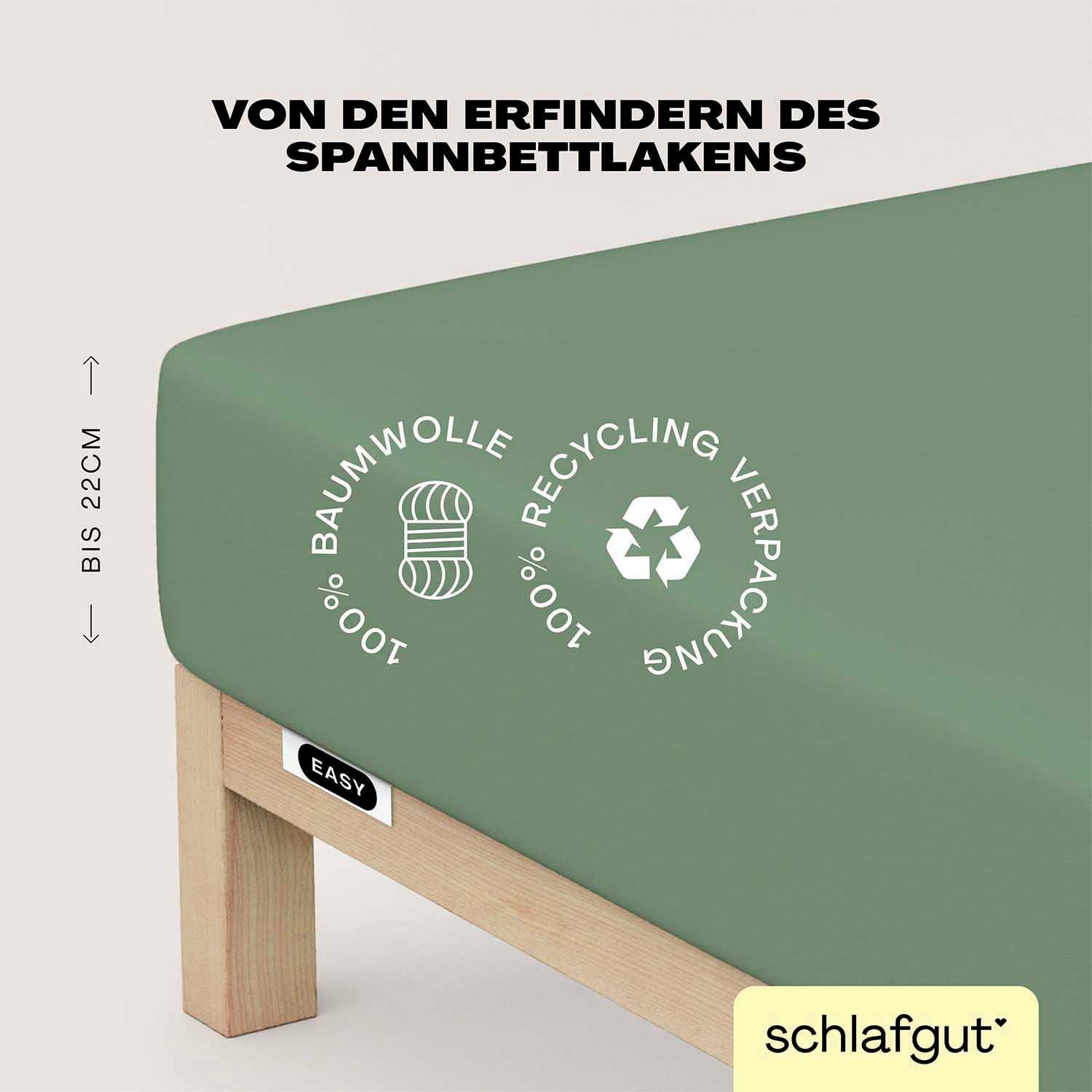 Gummizug: EASY für 100% cm, Mid Gr. Stück), Spannbettlaken 90x200, Jersey, Höhe, Matratzen (1 180x200 Laken u.a. oder cm bis & weich saugfähig Schlafgut, Green 140x200 Baumwolle, rundum, 22 in