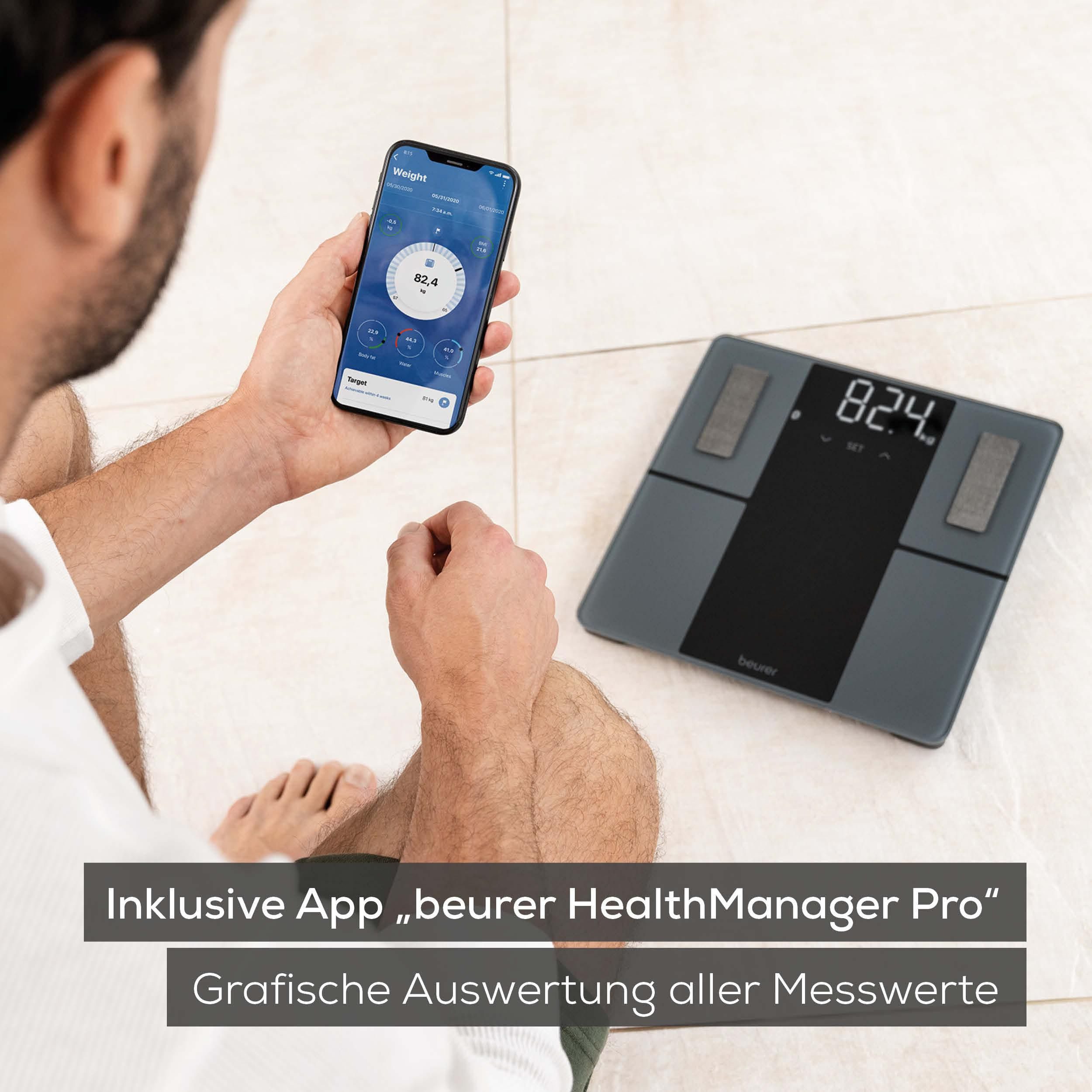BEURER Körper-Analyse-Waage BF 500 mit automatischer Übertragung der Messdaten via Bluetooth, Gratis App "Beurer HealthManager Pro" zur grafischen Anzeige der Werte