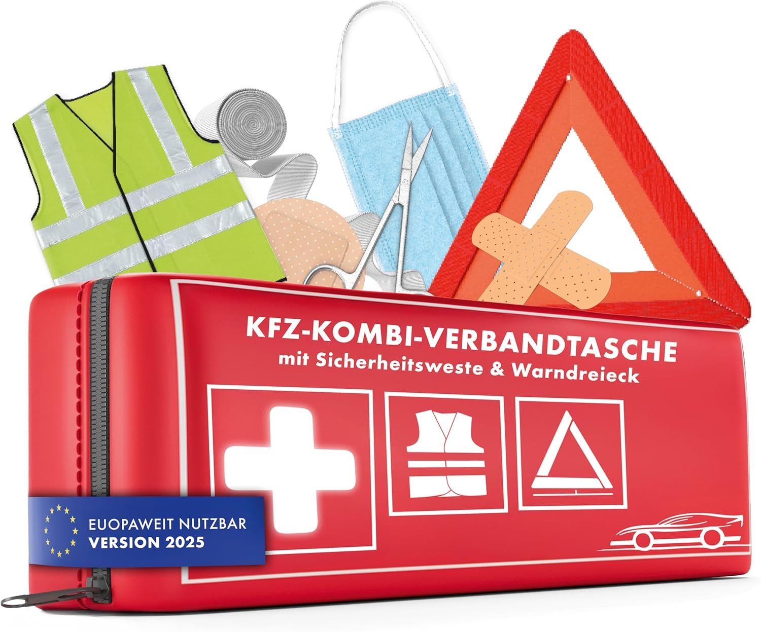 WALSER Erste-Hilfe-Set Auto Erste Hilfe Set mit Pannendreieck & Warnweste KFZ Verbandstasche