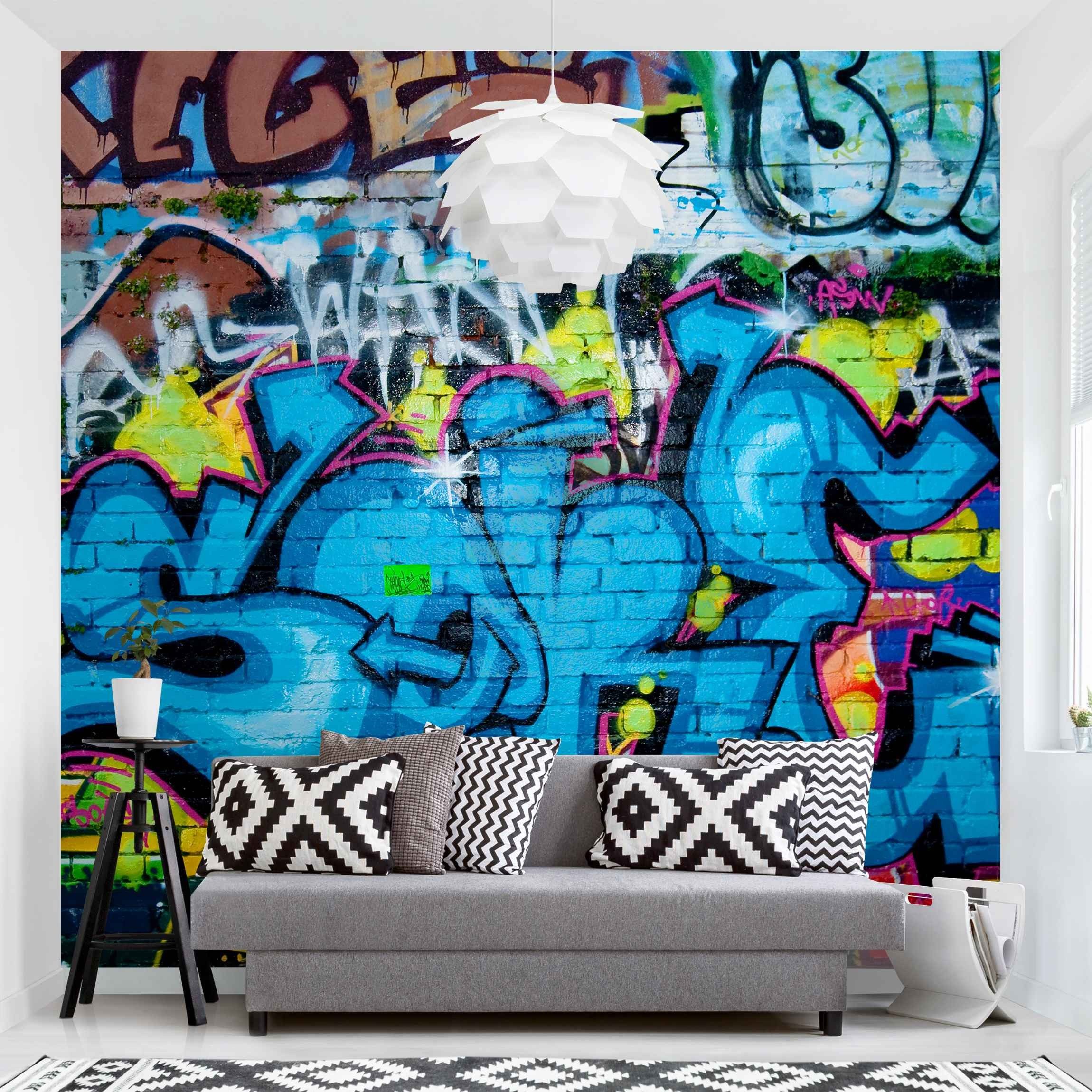 Bilderdepot24 Mustertapete Graffiti Optik Graffitiwand Backstein Ziegel Modern Street Art, Glatt, Matt, (Vliestapete inkl. Kleister oder selbstklebend), Jugendzimmer Flur Büro Wohnzimmer Fototapete Vliestapete Wandtapete
