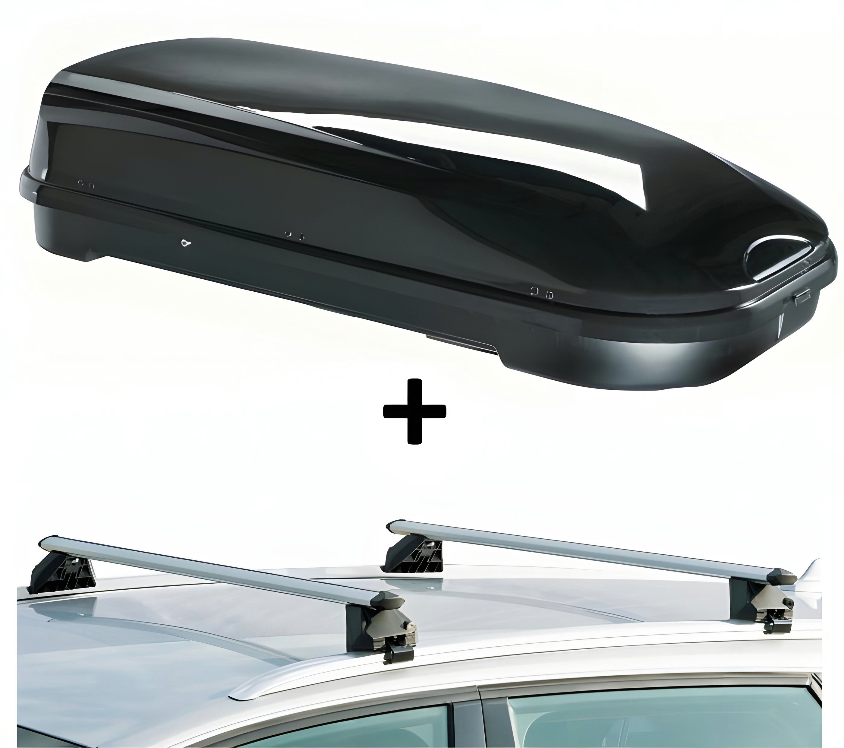 VDP Dachbox, Dachbox VDPFL580 580Ltr schwarz glänzend + Dachträger CRV107 kompatibel mit Volkswagen Polo Cross (5 Türer) ab 2014