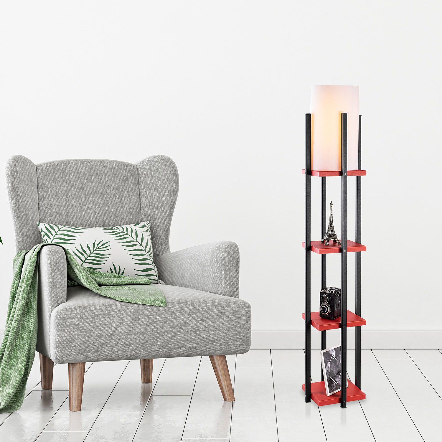 Feldmann-Wohnen Stehlampe, 25x25x130cm, 3 weiß - matt schwarz / LS rot Ablageböden