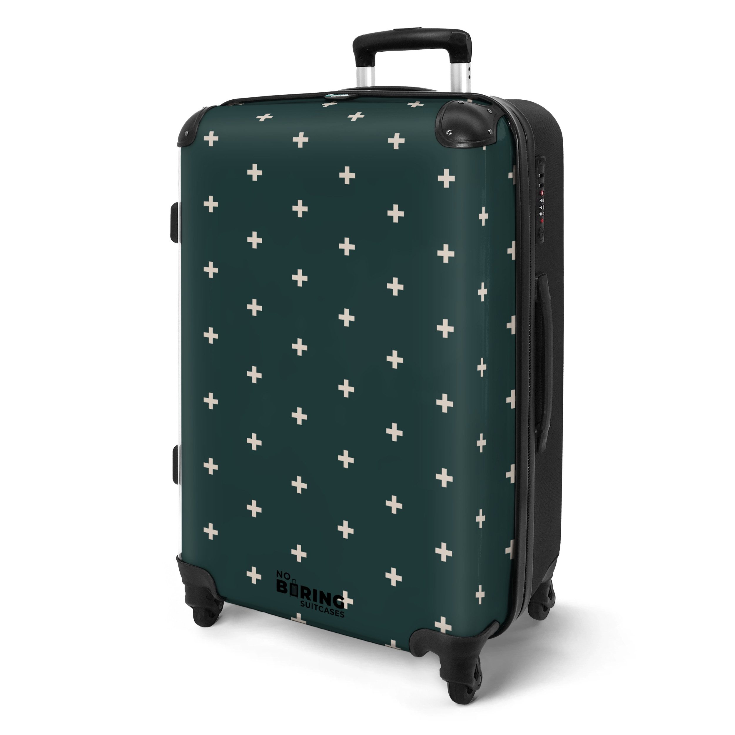NoBoringSuitcases.com© Hartschalen-Trolley Grün mit weißen Pluszeichen günstig online kaufen