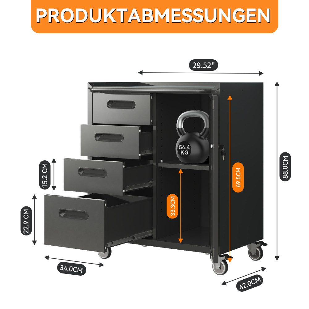 BBWL Werkzeugschrank mit Schubladen Schwerlast Stahl Garagenschrank Organizer 75x42x88 cm Metall Werkzeugschrank rollbar abschließbar