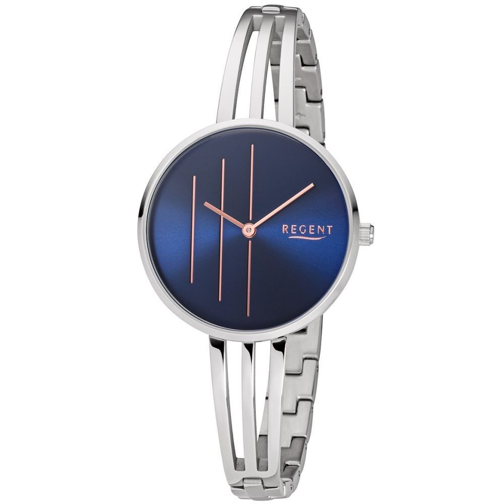 Quarzuhr REGENT Damen Armbanduhr BA-488 blau D. 34 mm Edelstahlband silberfarb.
