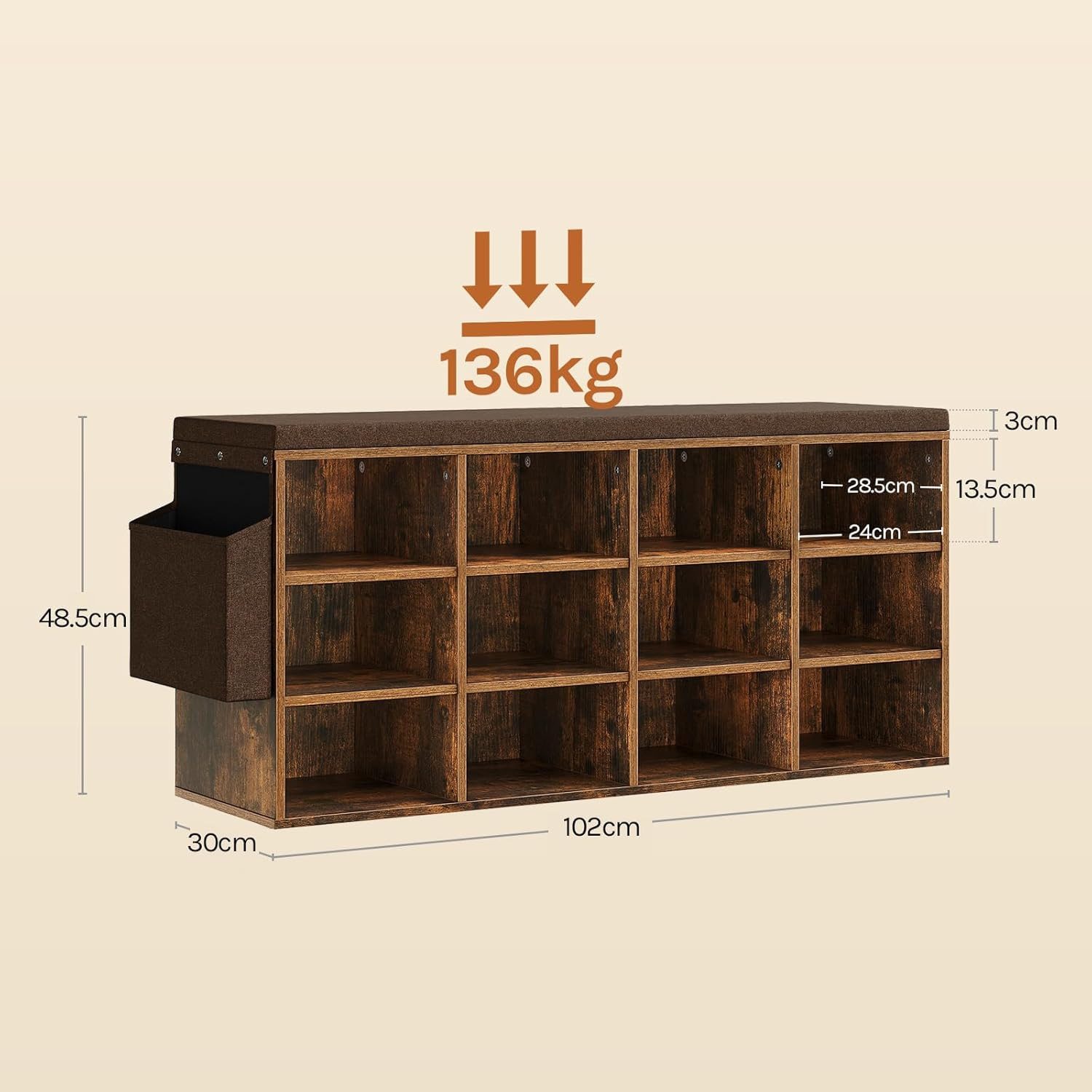 Woltu Schuhbank, mit Sitzbank 12 Fächern, Schuhregal für Flur, 102x30x48,5 cm