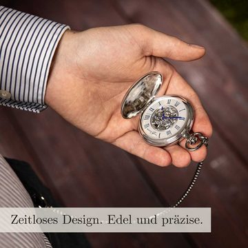 Hermann Jäckle Taschenuhr Ettlingen Skelett Handaufzug Mineralglas 50 mm, mit Kette und Reiseetui