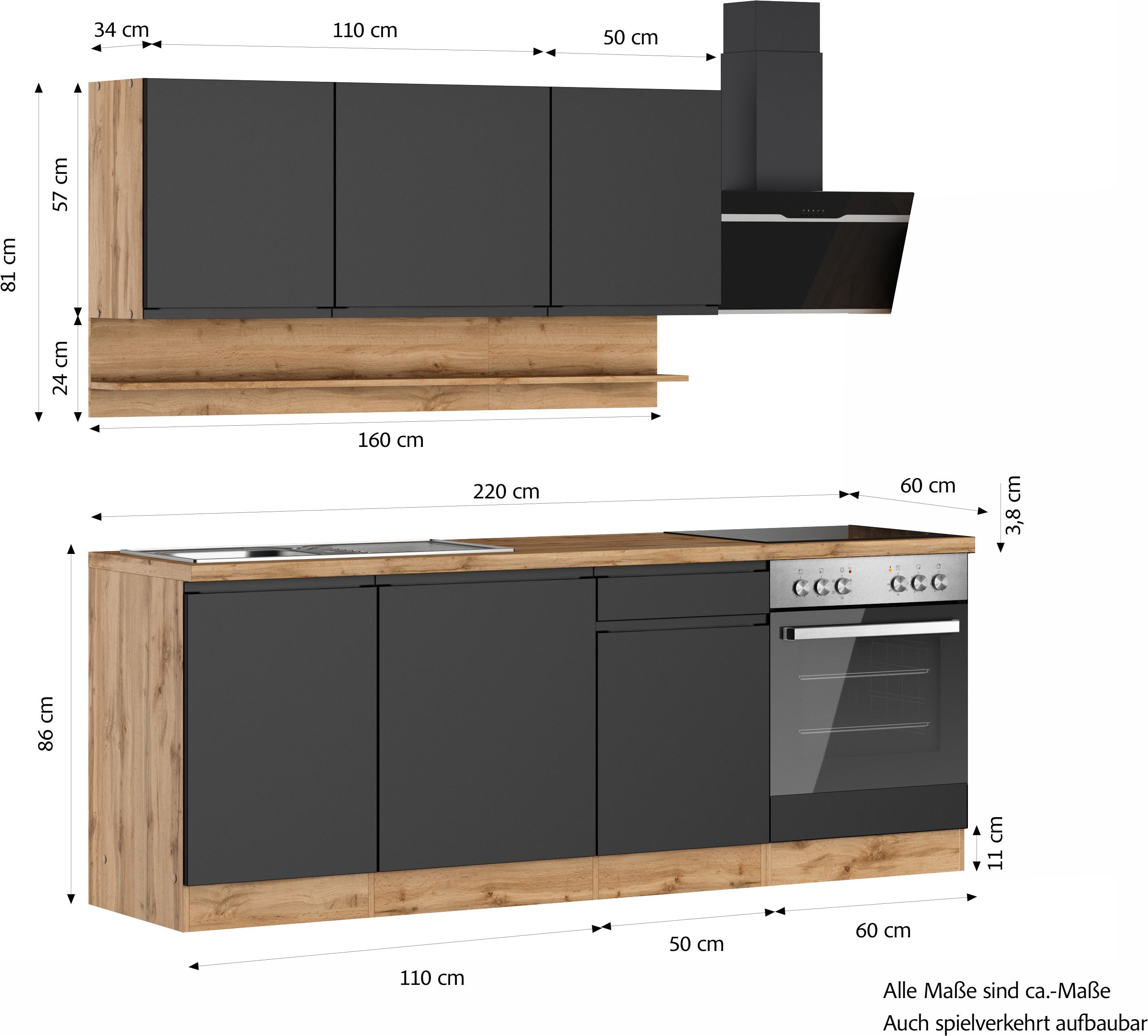 KOCHSTATION Küchenzeile KS-Virginia,neu in verbesserter Ausführung, Breite 220 cm, Soft-Close, wahlweise mit E-Geräten