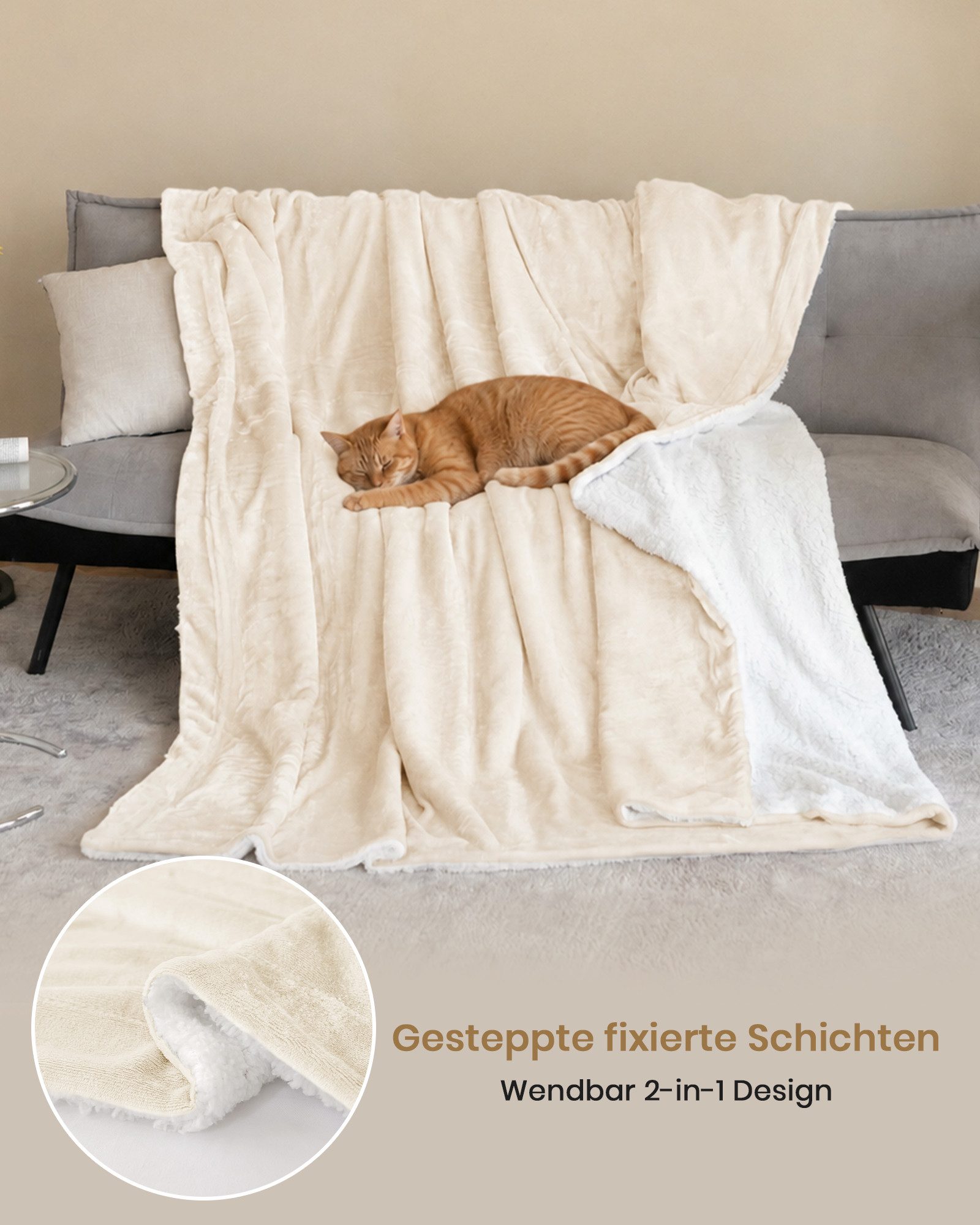 Wohndecke Sherpa-Fleece-Wohndecke, wendbar, kuschelig, warm, Grau, Einzelbett, Good Nite, Kuscheldecke, Polyester, für Zuhause und Reisen, grau, blau, schwarz – Bild 3 von 5