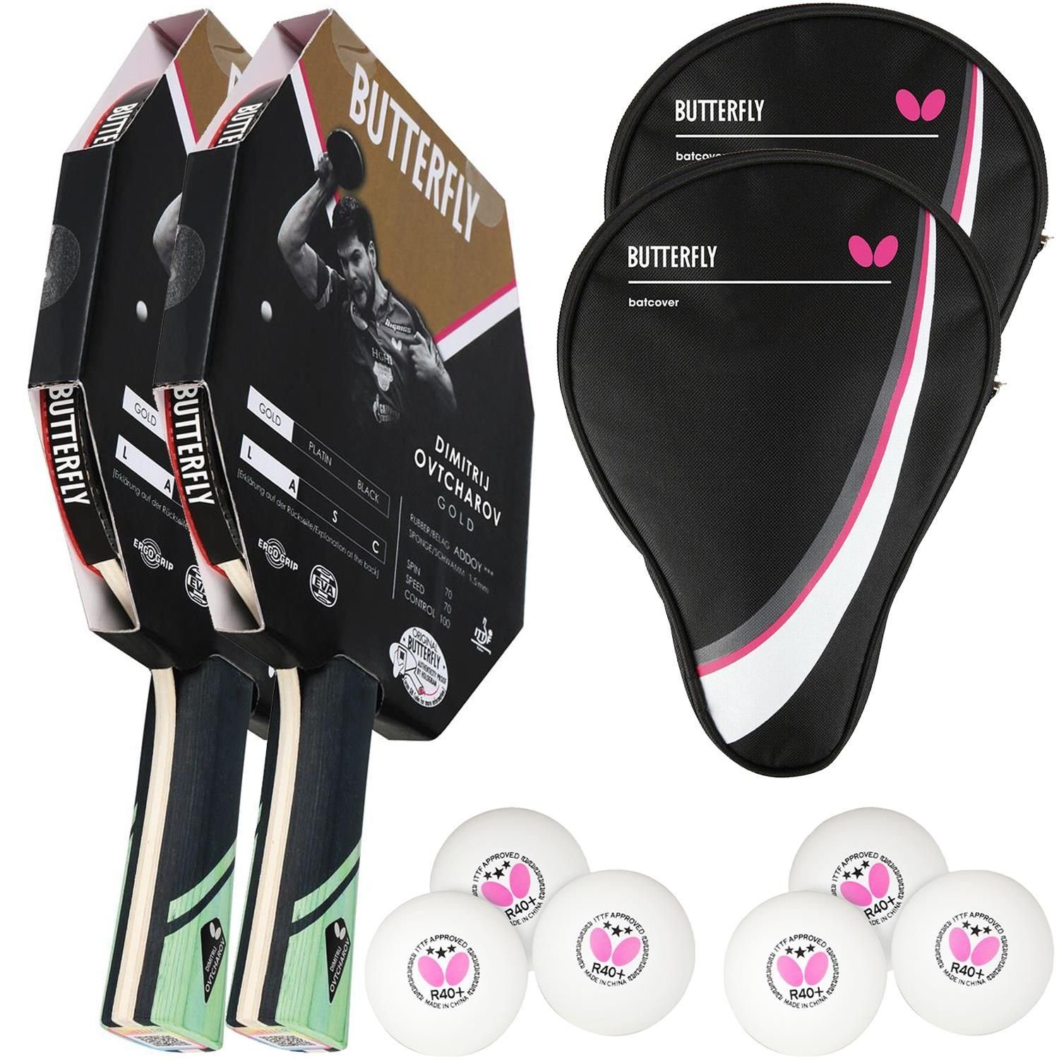 Butterfly Tischtennisschläger Butterfly 2x Dimitrij Ovtcharov Gold Tischtennisschläger + 2x Tischten, Tischtennis Schläger Set Tischtennisset Table Tennis Bat Racket