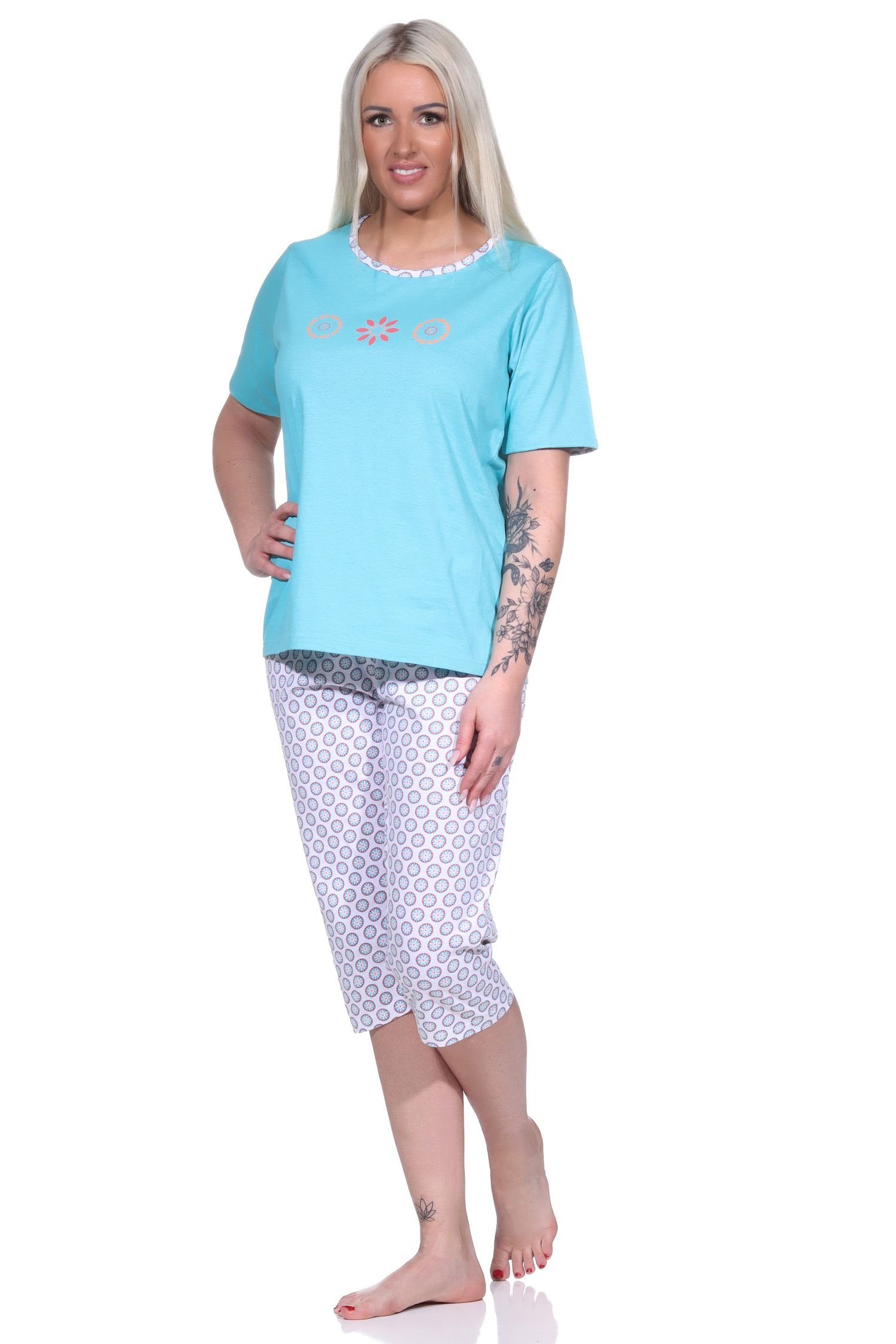 Normann Pyjama Damen mit Pyjama und türkis Capri, Caprihose Schlafanzug Blümchen-Muster