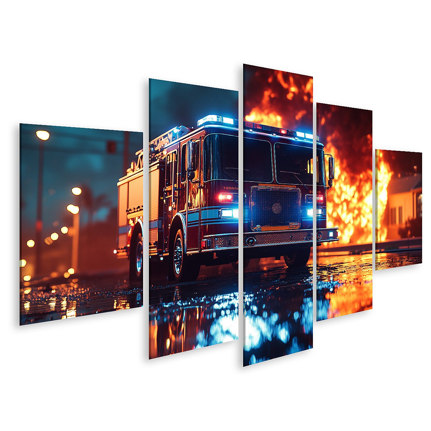islandburner Leinwandbild Spektakuläres Bild eines Feuerwehrfahrzeugs in Aktion