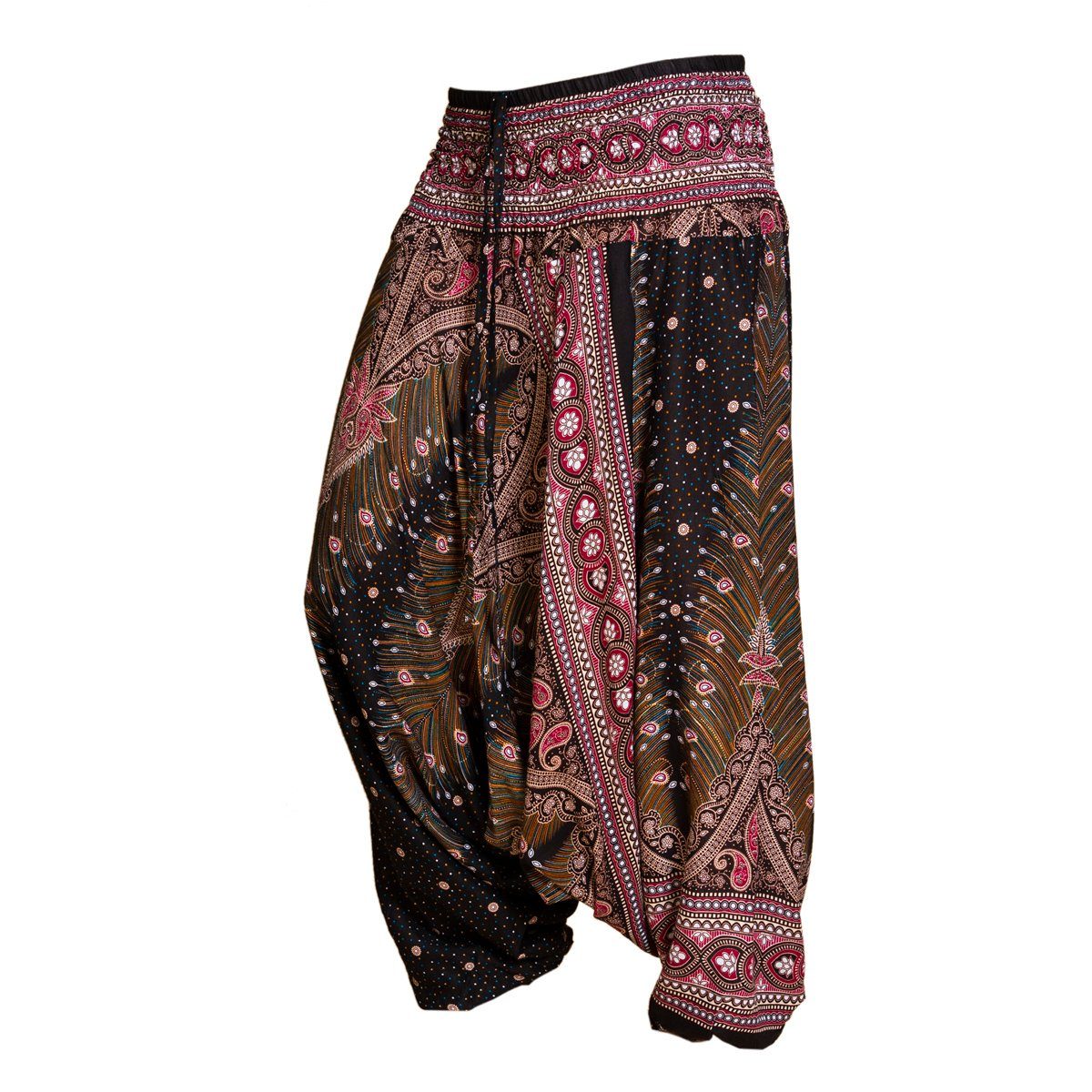 PANASIAM Stoffhose Aladinhose im schönen Peacock Design Haremshose aus 100% natürlicher Viskose auch als Overall tragbar Damen Pumphose bequeme Freizeithose schwarz 2