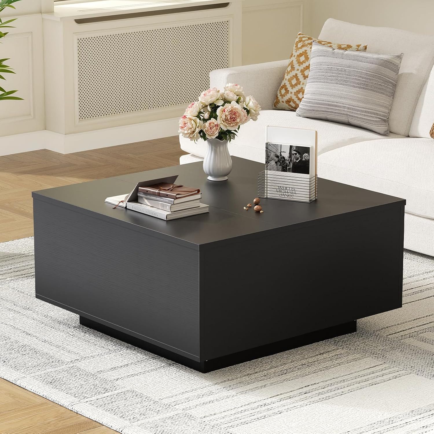 FABATO Couchtisch eckig höhenverstellbar mit verstecktem Staufach Landhaus-Design (1-St), für Wohnzimmer & Home Office