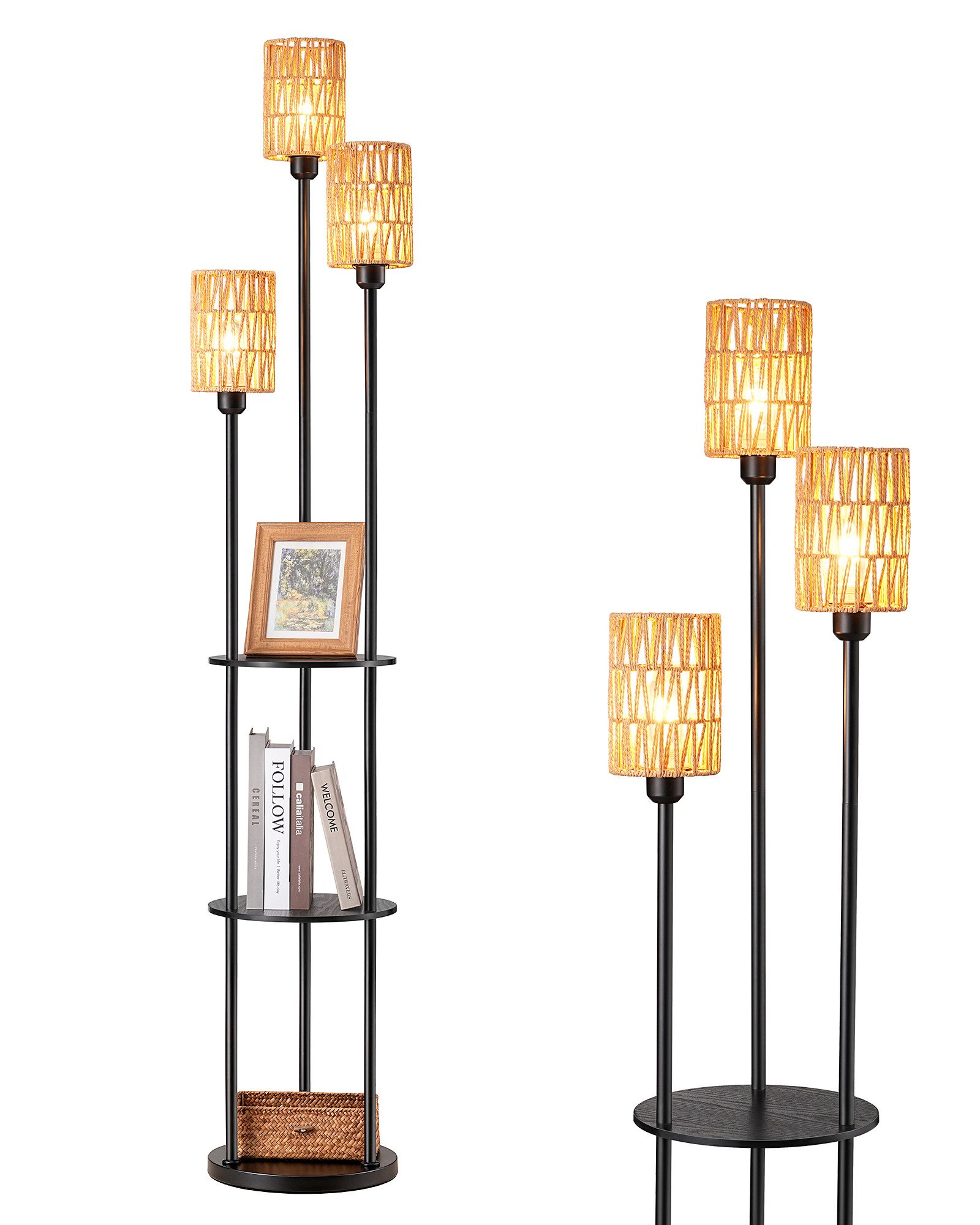 EDISHINE Stehlampe Wohnzimmer, LED wechselbar, warmweiß, 3-flammige Vintage Stehleuchte mit Regal