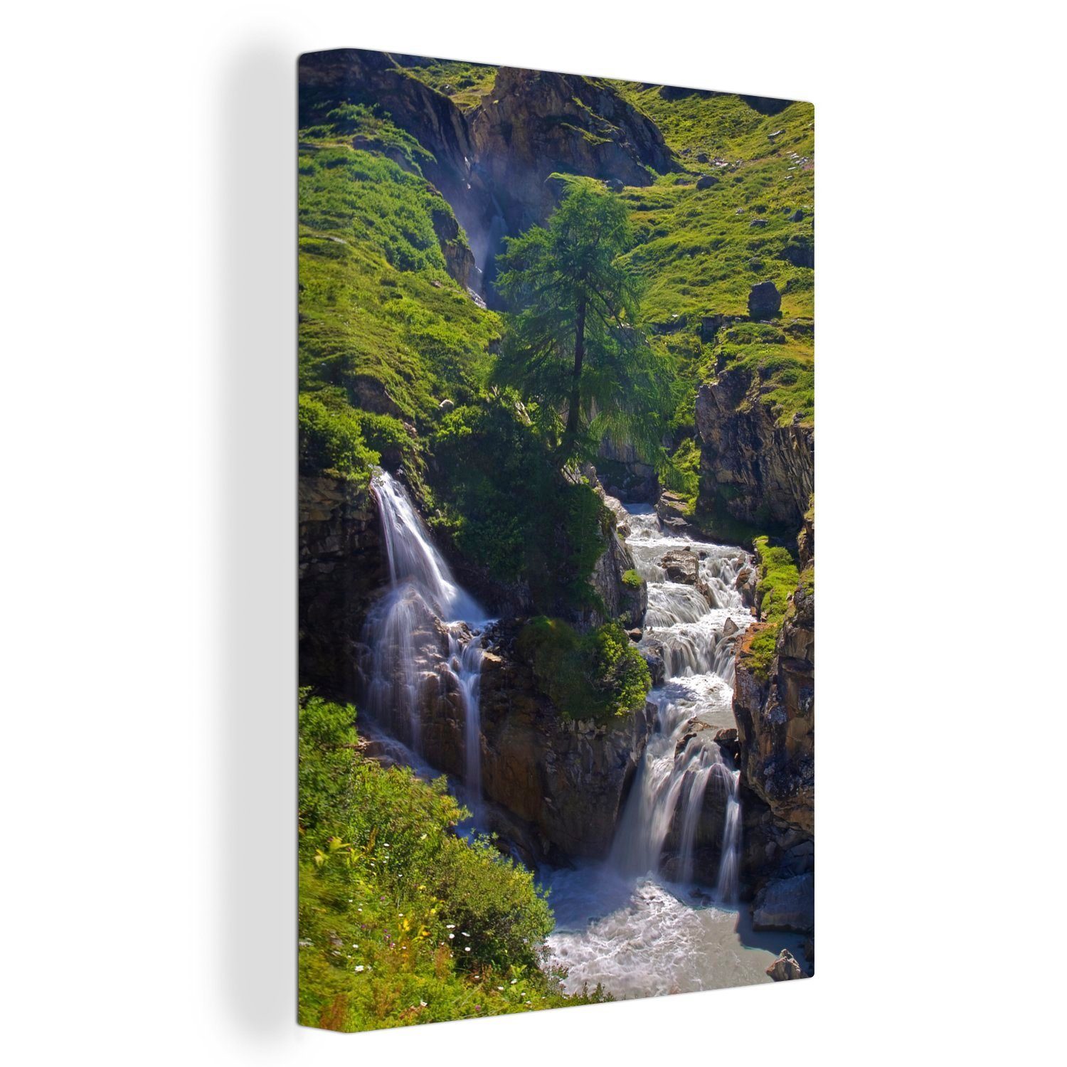 OneMillionCanvasses® Leinwandbild Zwei Wasserfälle treffen im italienischen Nationalpark Gran Paradiso, (1 St), Leinwandbild fertig bespannt inkl. Zackenaufhänger, Gemälde, 20x30 cm