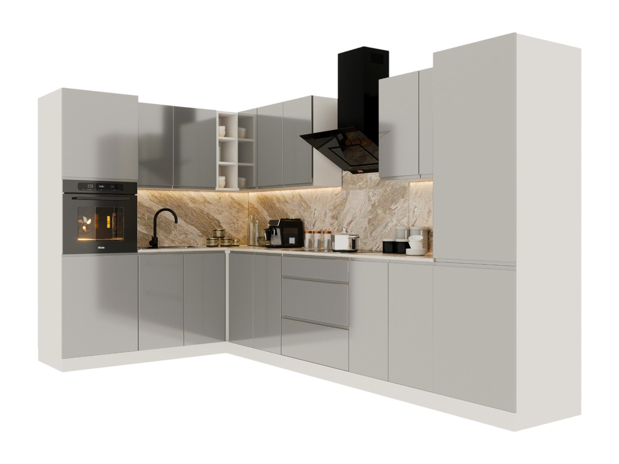 ROYAL24_MARKT Winkelküche – KU-S10 – Aspen – Perfekte Raumharmonie in Weiß & Grau Hochglanz, (Komplett Set), Stilvoll – Schick – Exzellent