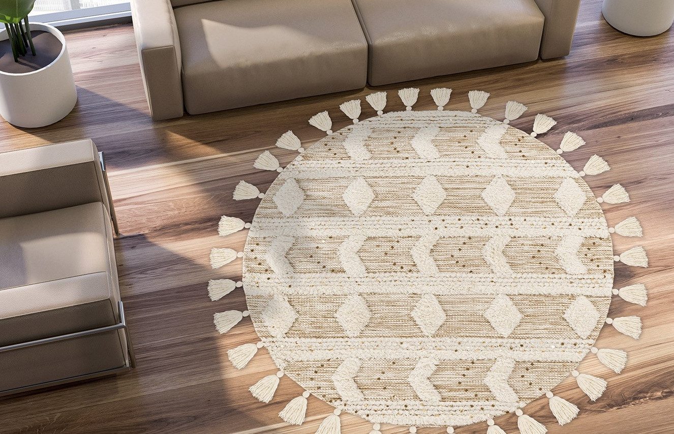 me gusta Wollteppich Bohist 425, rund, Höhe: 18 mm, Wohnzimmer, Hoch-Tief-Struktur, Boho, Ethno