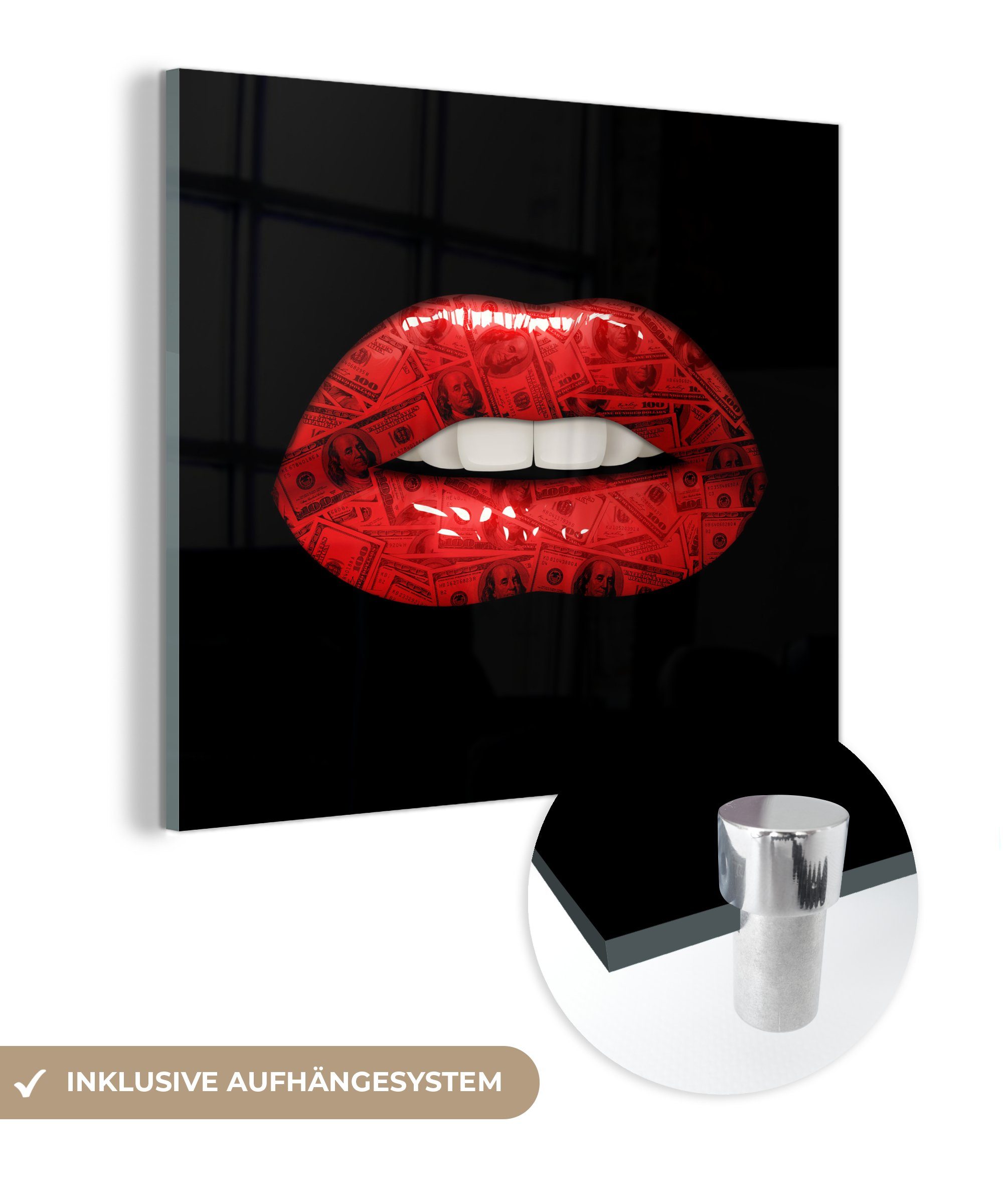 MuchoWow Acrylglasbild Lippen - Geld - Rot, (1 St), Glasbilder - Bilder auf Glas Wandbild - Foto auf Glas - Wanddekoration