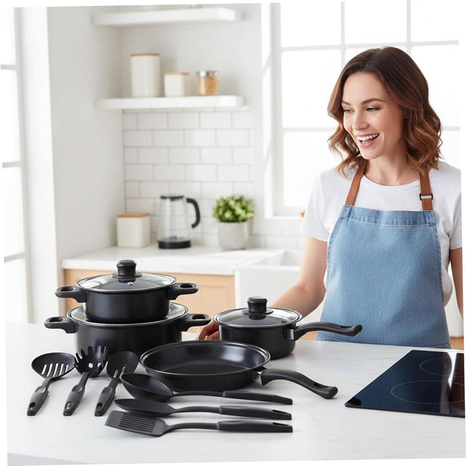 ibettertec Topf-Set Antihaft-Kochgeschirr-Set mit Deckel und Utensilien, 13 tlg Küchenset, Gusseisen (13-tlg), Kochtopf-Set im modernen Design mit formschönen S – Bild 2 von 5