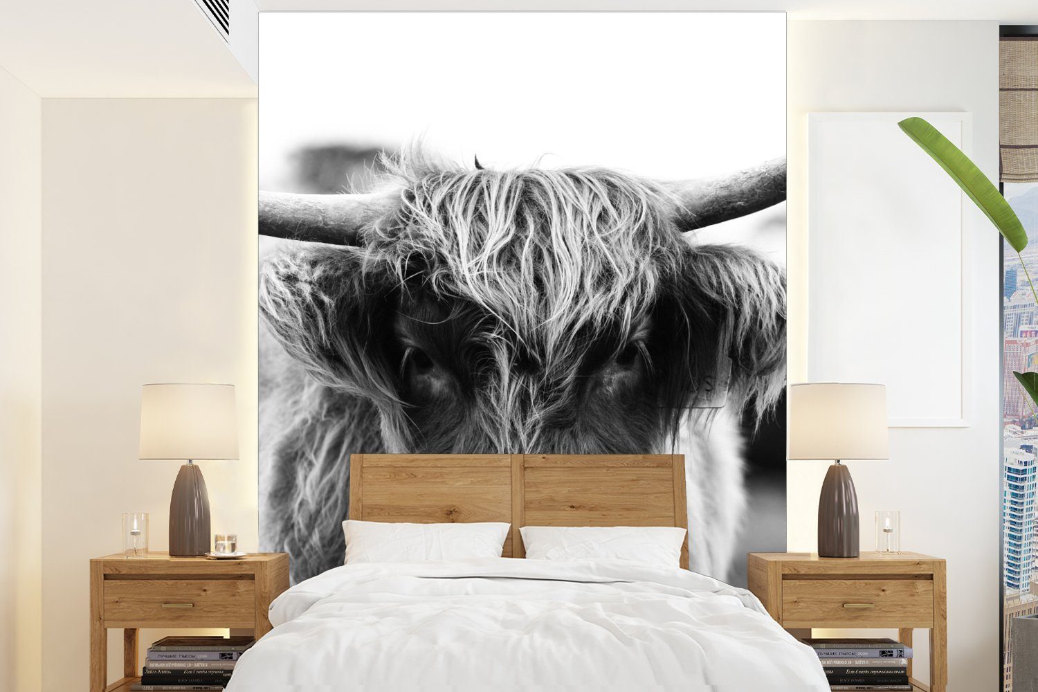 MuchoWow Fototapete Schottischer Highlander - Kuh - Gras - Tiere - Natur, Matt, bedruckt, (4 St), Montagefertig Vinyl Tapete für Wohnzimmer, Wandtapete