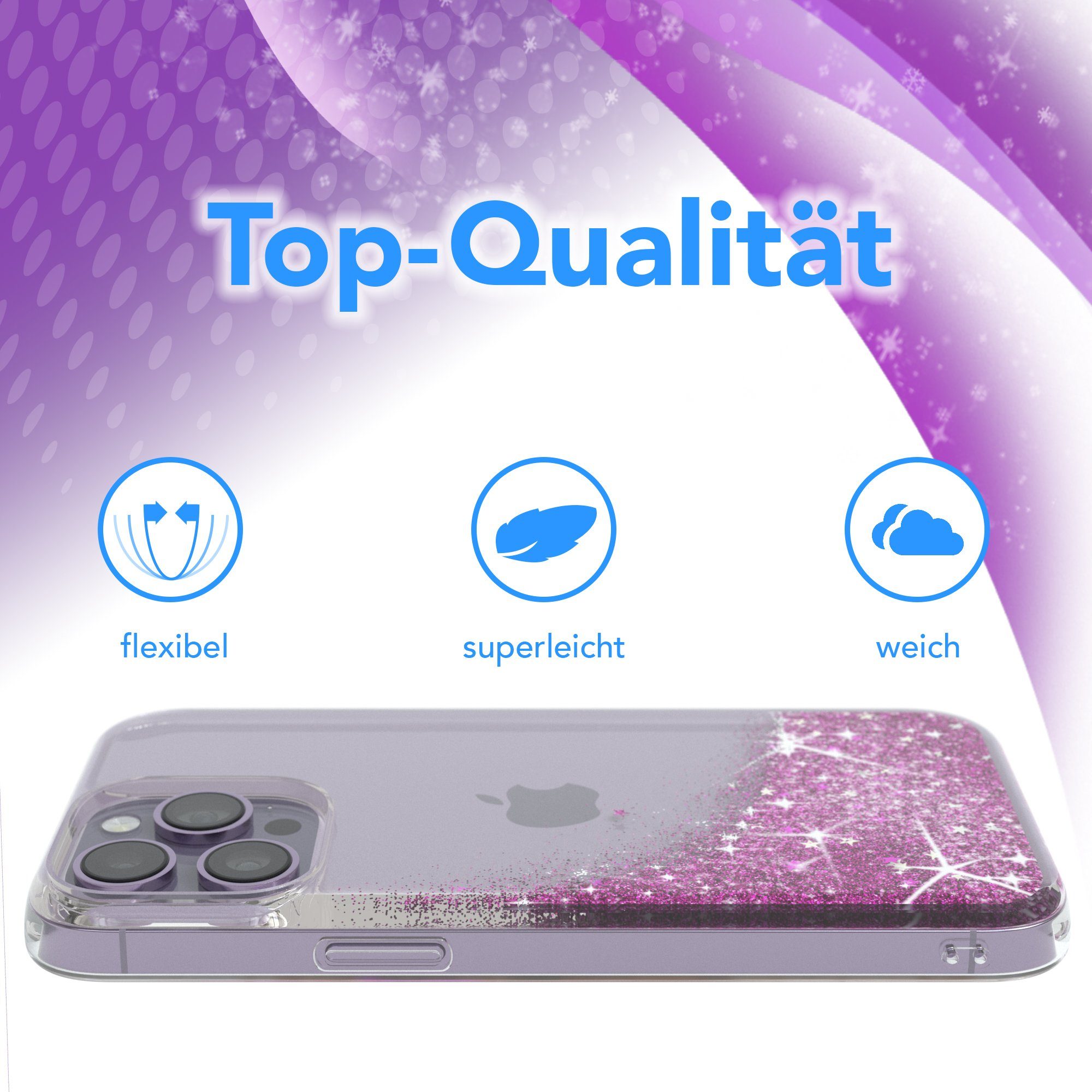 EAZY CASE Handyhülle Liquid Glittery Case für Apple iPhone 14 Pro Max 6,7 Zoll, Bumper Case Back Cover Glitter Glossy Handyhülle Etui Violett Lila