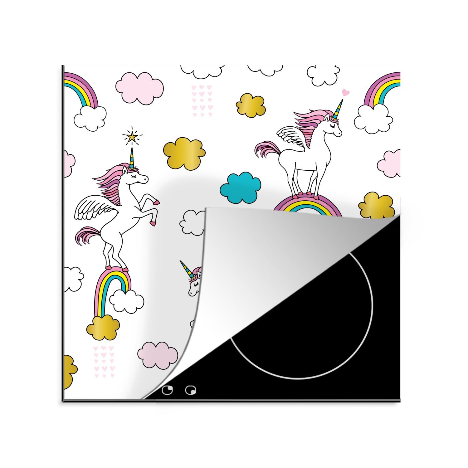 MuchoWow Herdblende-/Abdeckplatte Eine Illustration von Einhörnern auf Regenbögen - Mädchen - Kinder -, Vinyl, (1 tlg), 78x78 cm, Ceranfeldabdeckung, Arbeitsplatte für küche