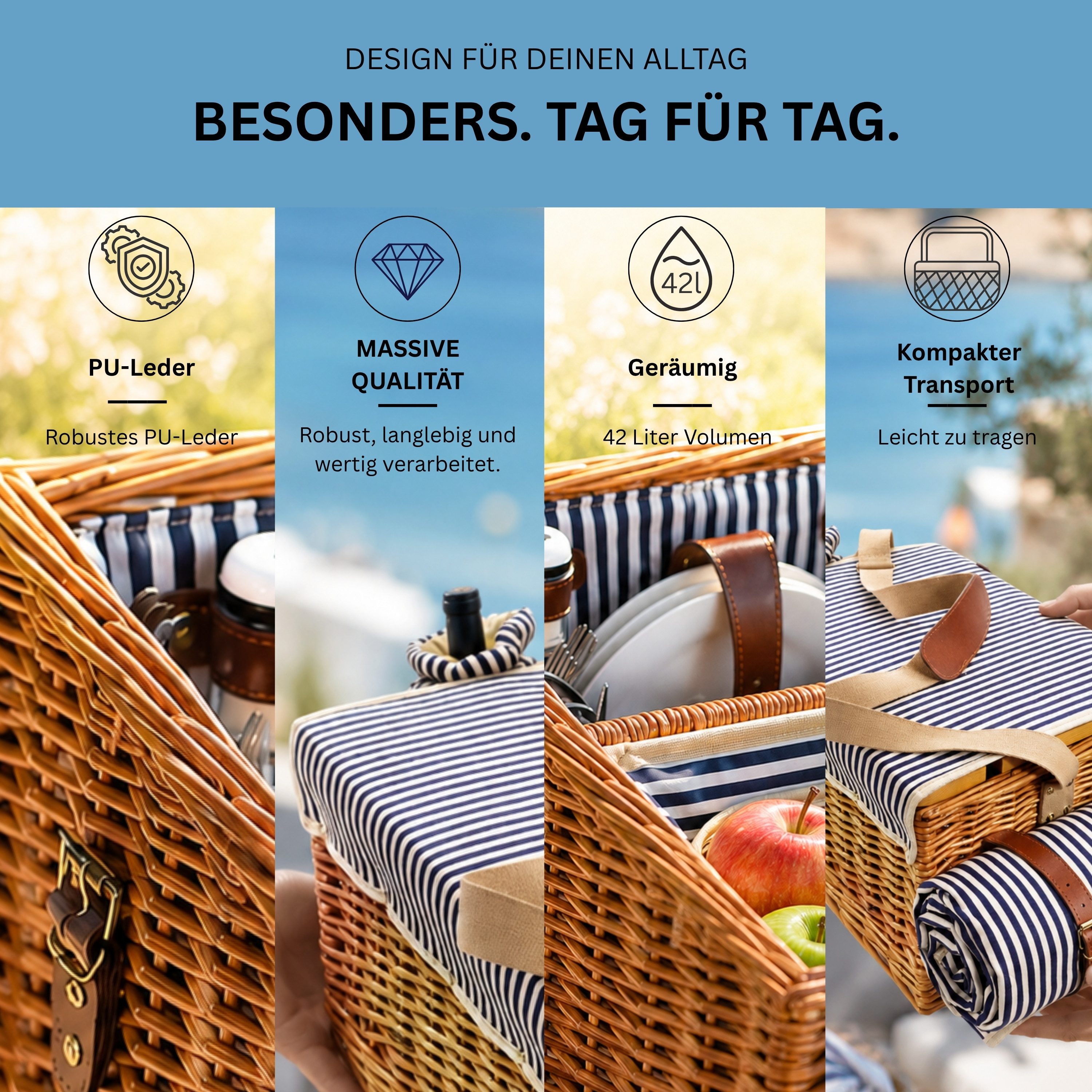 SÄNGER Picknickkorb Borkum (Set, 25 St., Picknickkorb), 4 Personen, integrierter Tisch & Kühltasche