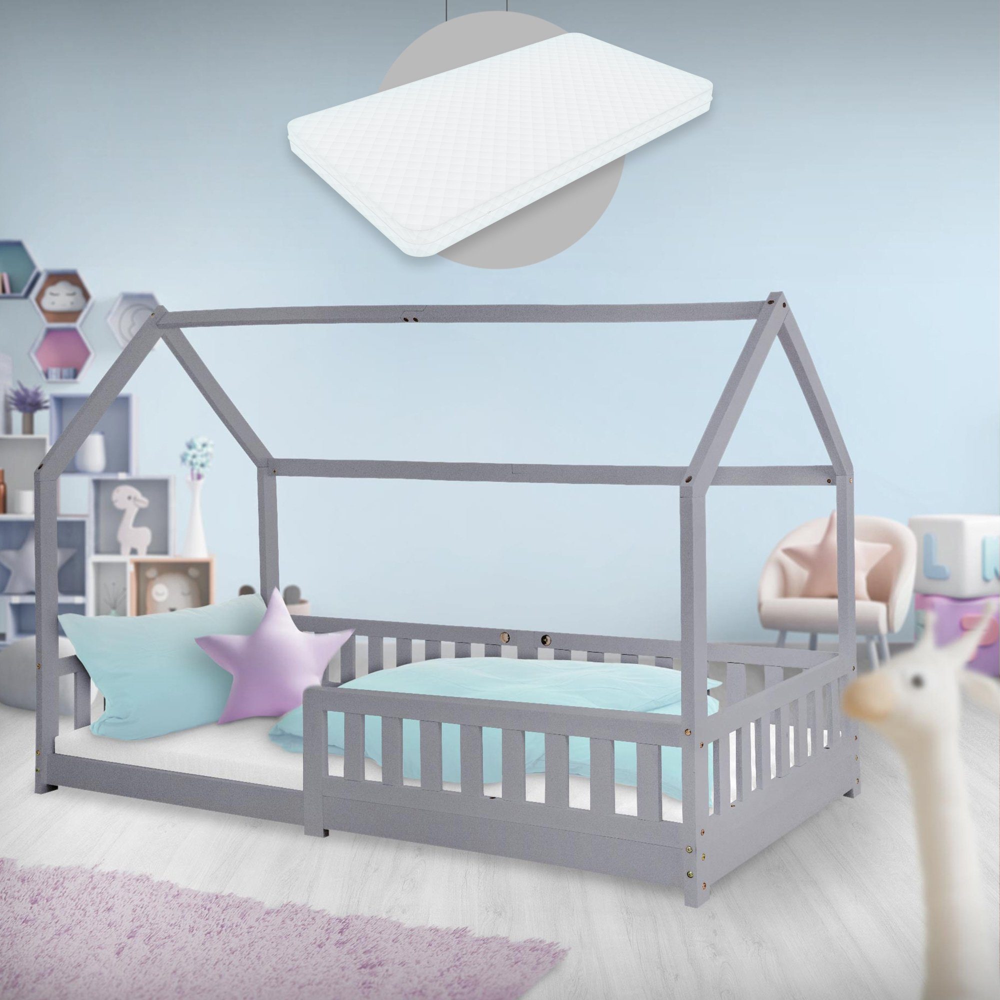 ML-DESIGN Kinderbett Kinderbett mit Rausfallschutz Lattenrost, Dach und Matratze 90x200 cm