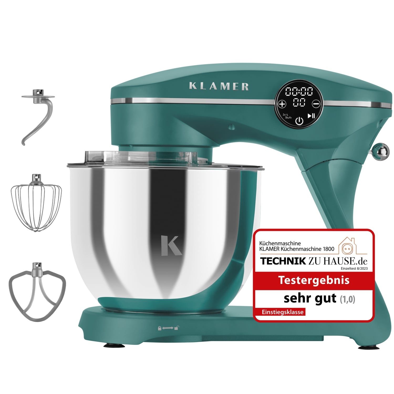 KLAMER Küchenmaschine 1800W, 6L Edelstahl-Schüssel, Knetmaschine mit 10 Geschwindigkeiten & Timer, grün, 1800 W, 6 l Schüssel, Spritzschutz, 3 Werkzeuge, Saugfüße, digitales Display, Timer