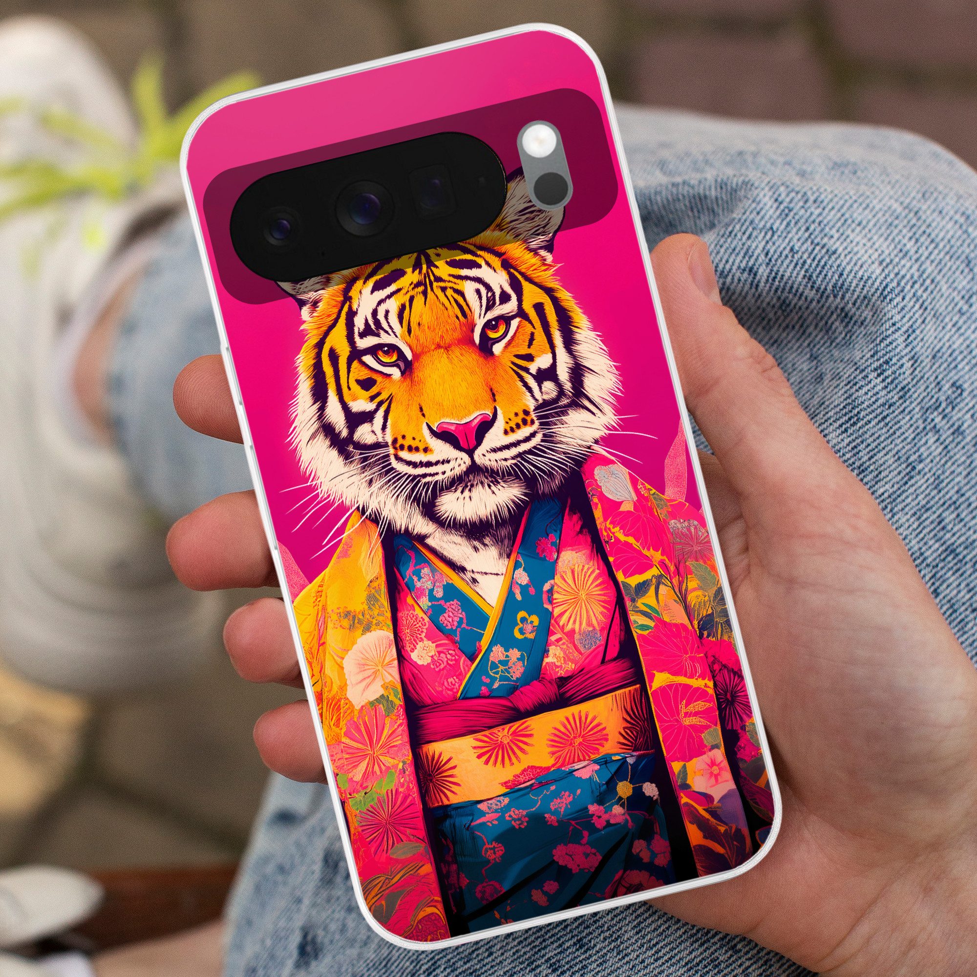 MuchoWow Handyhülle für Google Pixel 10 Tiger - Kimono - Pflanzen - Rosa, Phone Case, Silikon, Schutzhülle Dünn