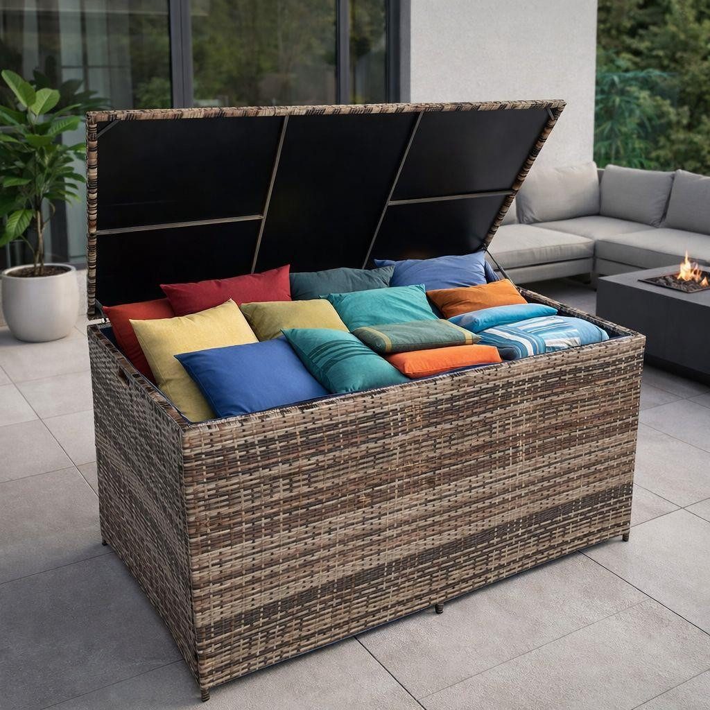 ESTEXO Auflagenbox Poly Rattan 870 Liter XXL Kissenbox Aufbewahrungsbox Beige-Braun