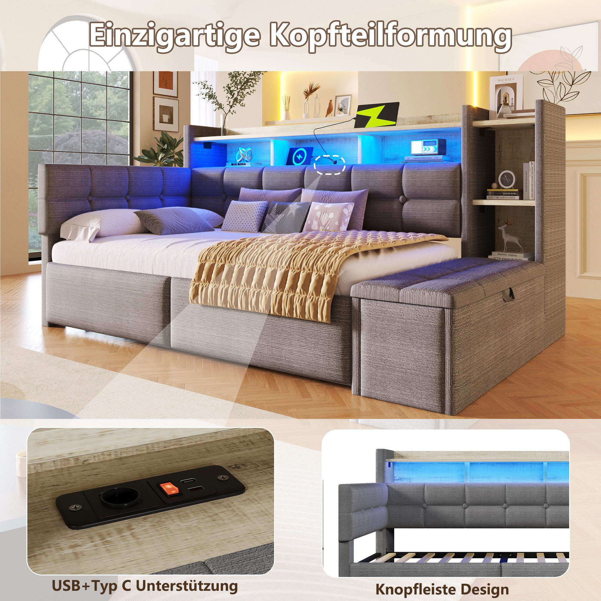 Flieks Daybett, Polsterbett 90×190cm mit LED, Aufladen, 2 Schubladen und Polsterbank