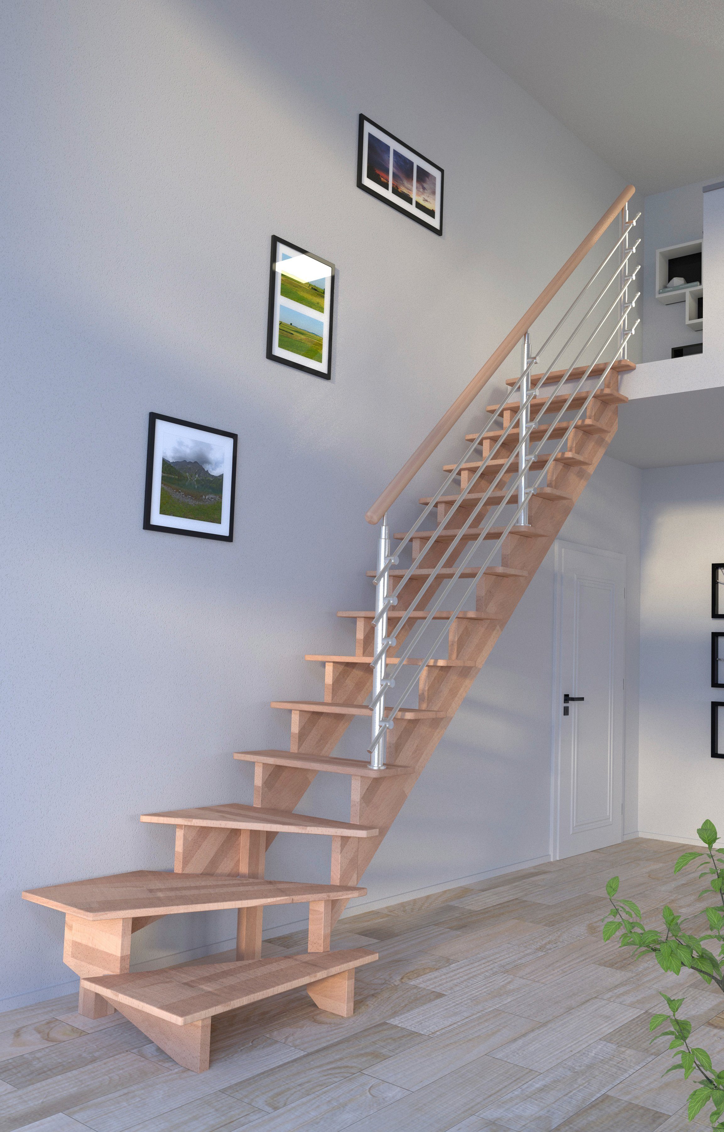 Systemtreppe Design-Geländer Lindos, offen, Rechts, gewendelt cm, Starwood 300 Wangenteile für Durchgehende Geschosshöhen bis Edelstahl, Stufen Massivholz