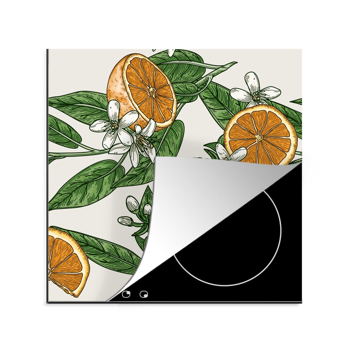 von Arbeitsplatte tlg), Vinyl, MuchoWow Orangen 78x78 cm, für Herdblende-/Abdeckplatte küche Blüten, und (1 Ceranfeldabdeckung, Illustration
